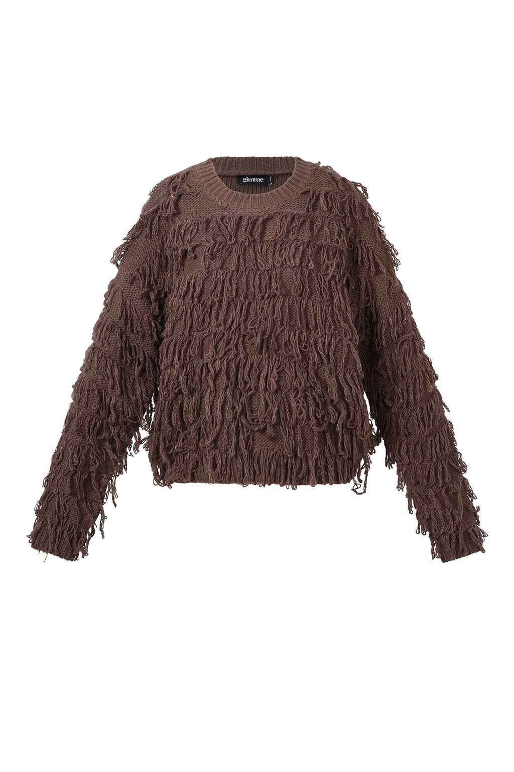 Donkerbruine gebreide trui met franje details en oversized pasvorm