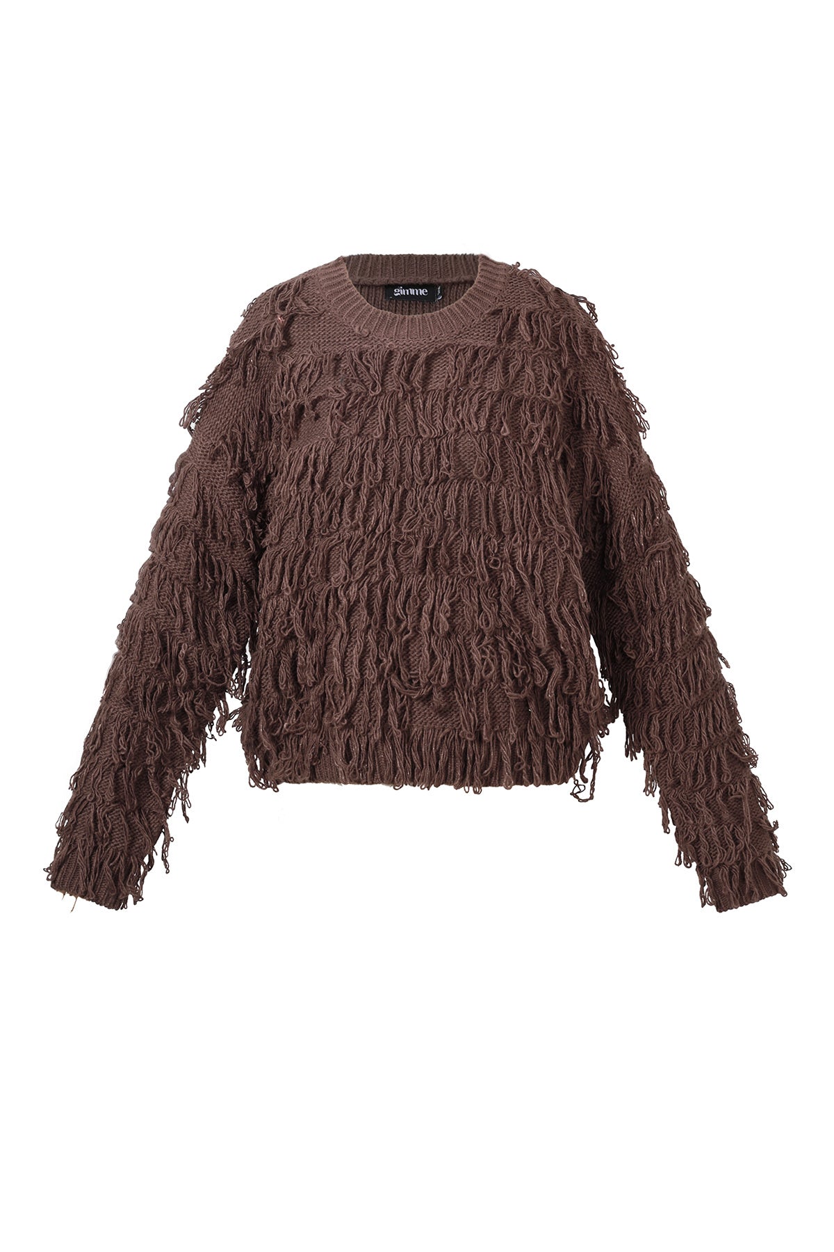 Donkerbruine gebreide trui met franje details en oversized pasvorm