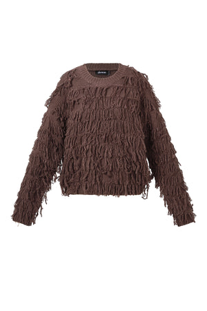 Donkerbruine gebreide trui met franje details en oversized pasvorm