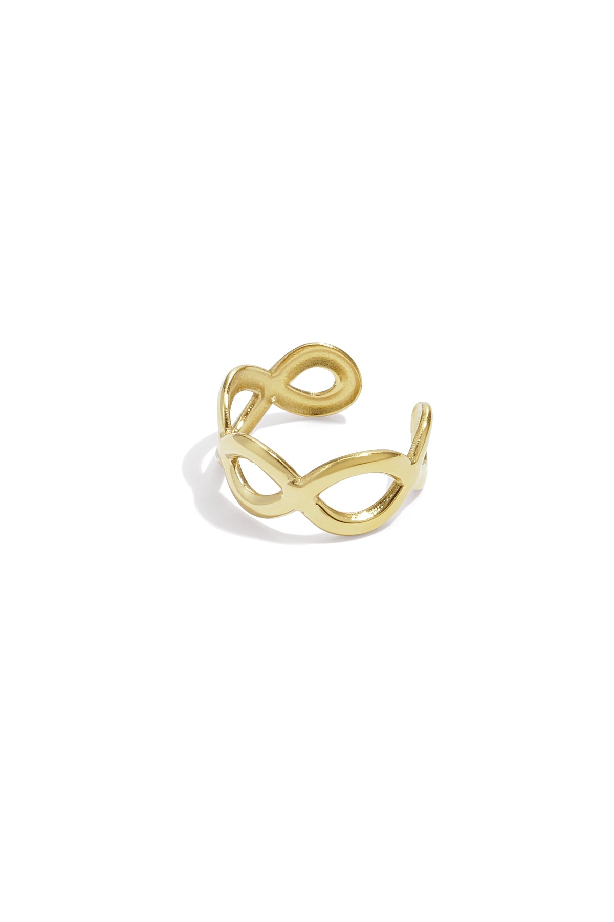 Goudkleurige ear cuff met twee cirkelvormige elementen van roestvrij staal