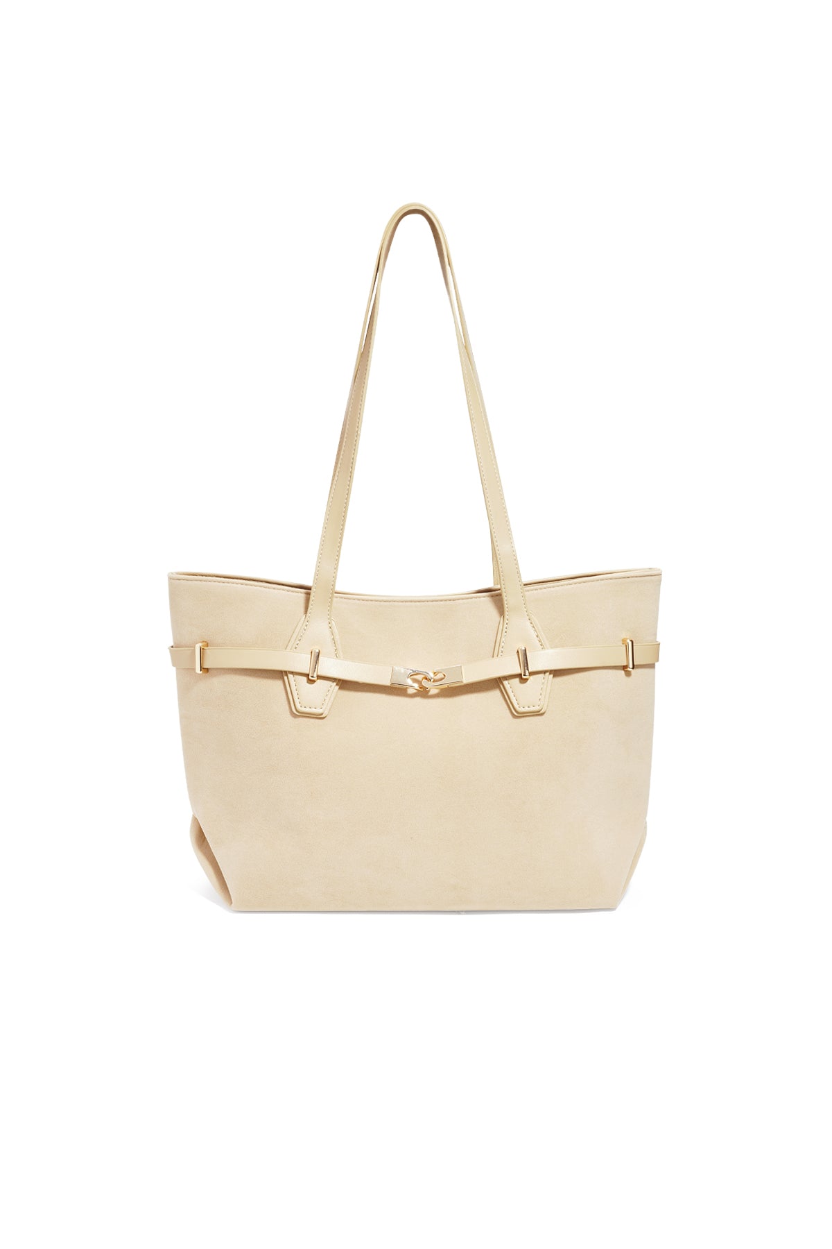 Beige suède tote tas met goudkleurige gespaccenten en lange hengsels