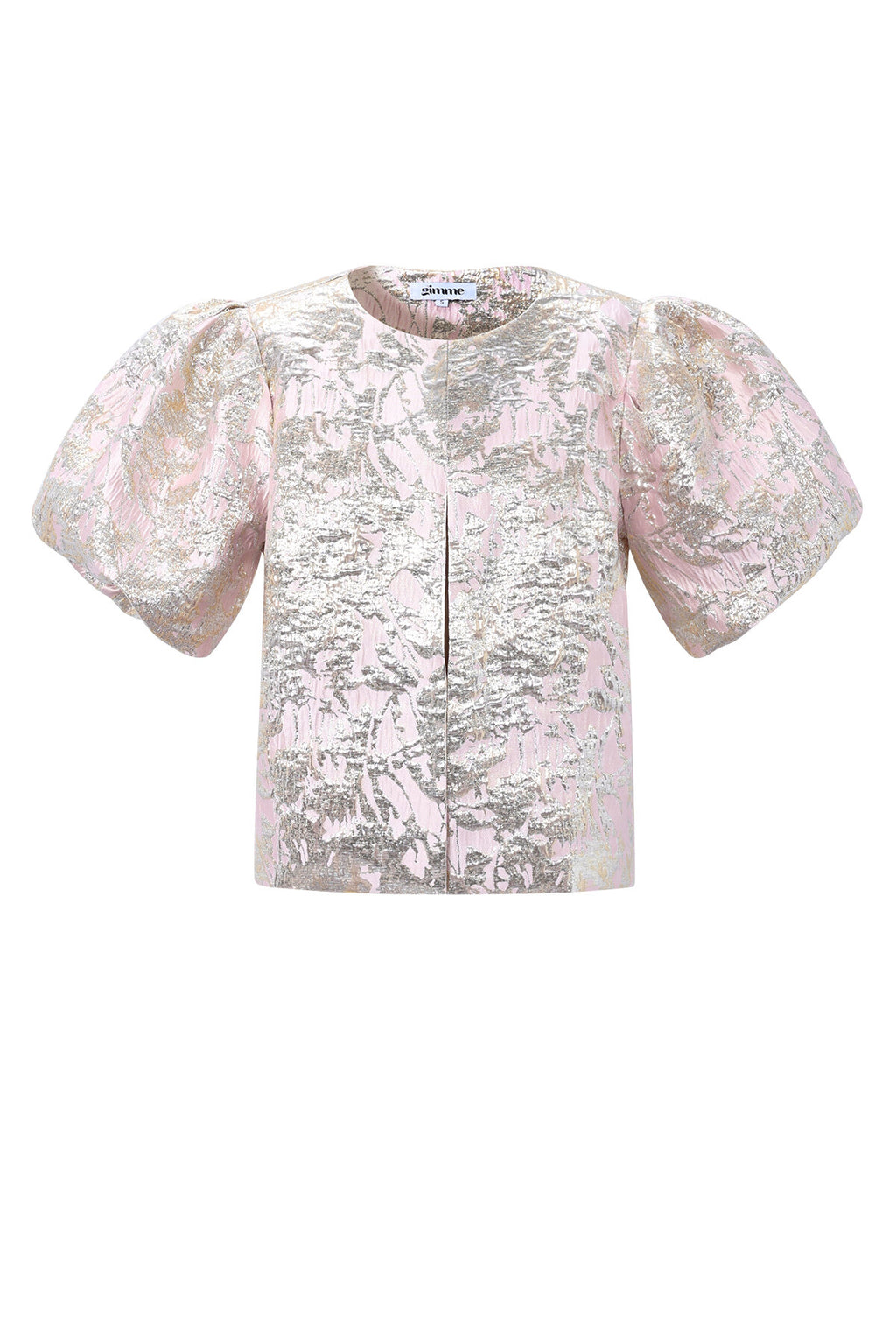 Roze jacquard blouson met zilver bloemenpatroon en korte pofmouwen