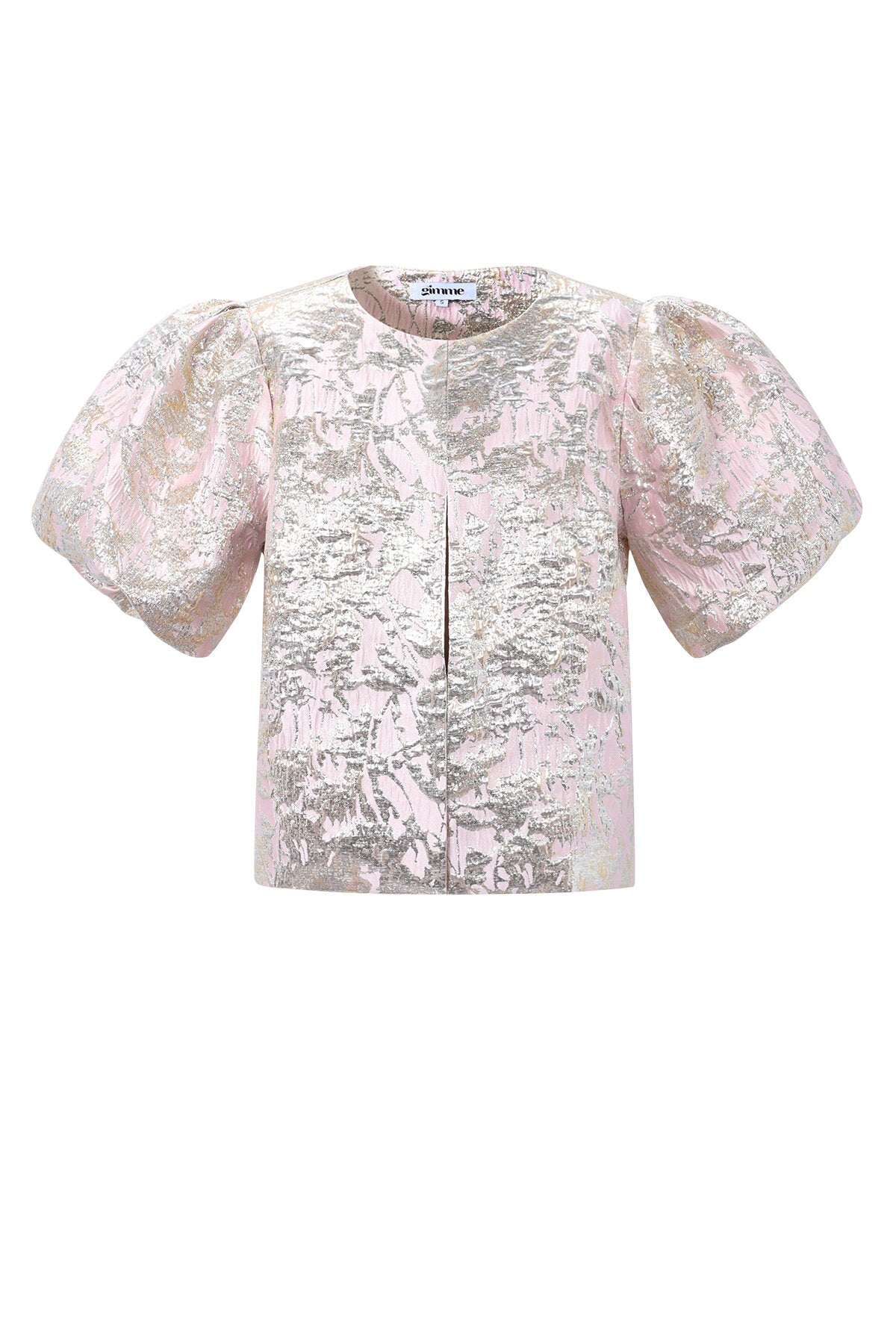 Roze jacquard blouson met zilver bloemenpatroon en korte pofmouwen