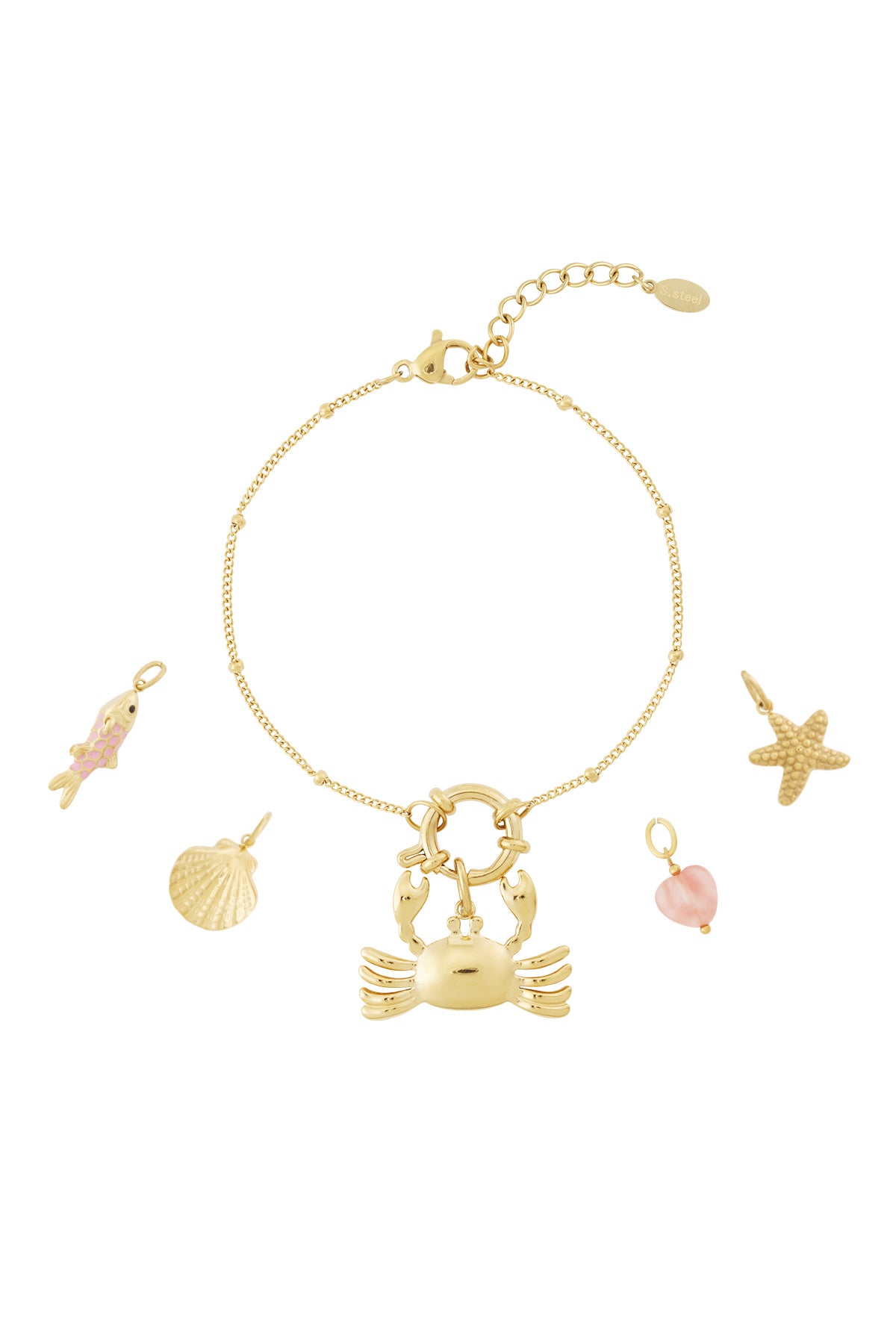 Gouden charm armband met krab, zeester en schelp hangers in verschillende kleuren