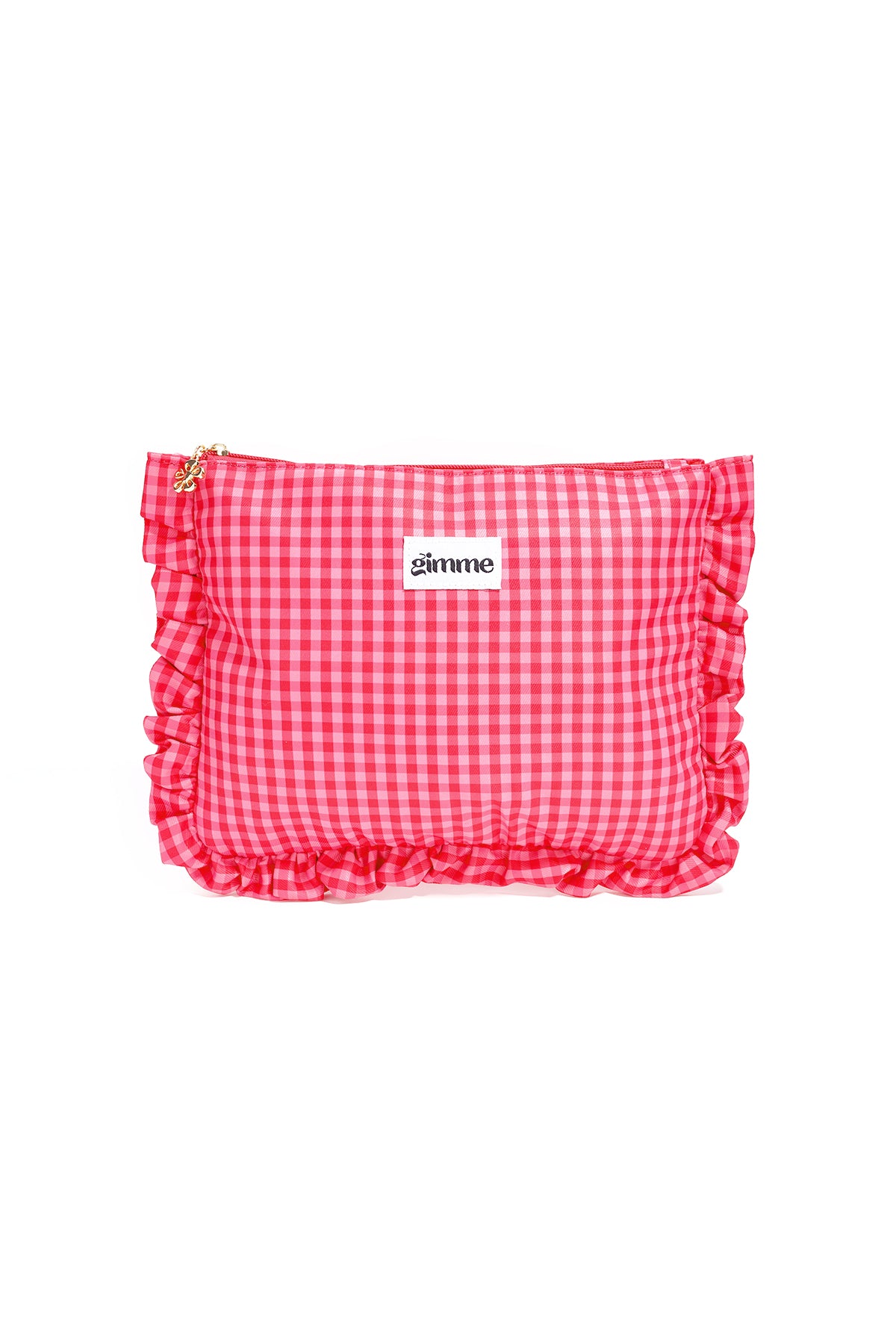 Roze geruite tablet hoes met witte ruffle rand en ritsafsluiting