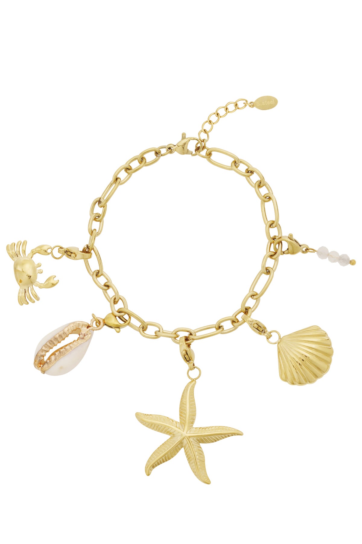 Goudkleurige chunky schakel armband met zeester bedel en strand charmes