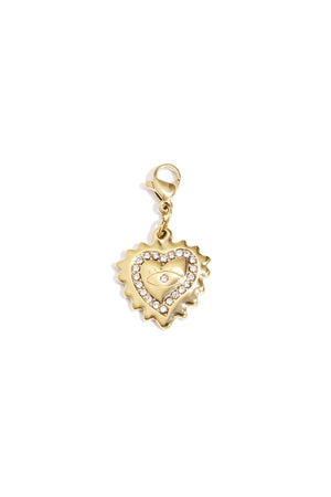 Goudkleurige dubbele hart charm met kristal details en karabijnhaak