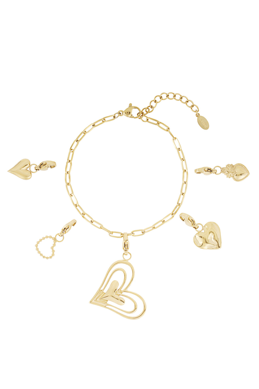 Gouden schakel armband met groot hart-infinity symbool en kleine hart, klavertje vier en infinity charmes