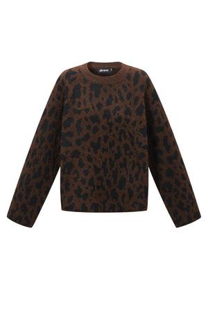Donkerbruine gebreide pullover met luipaardprint
