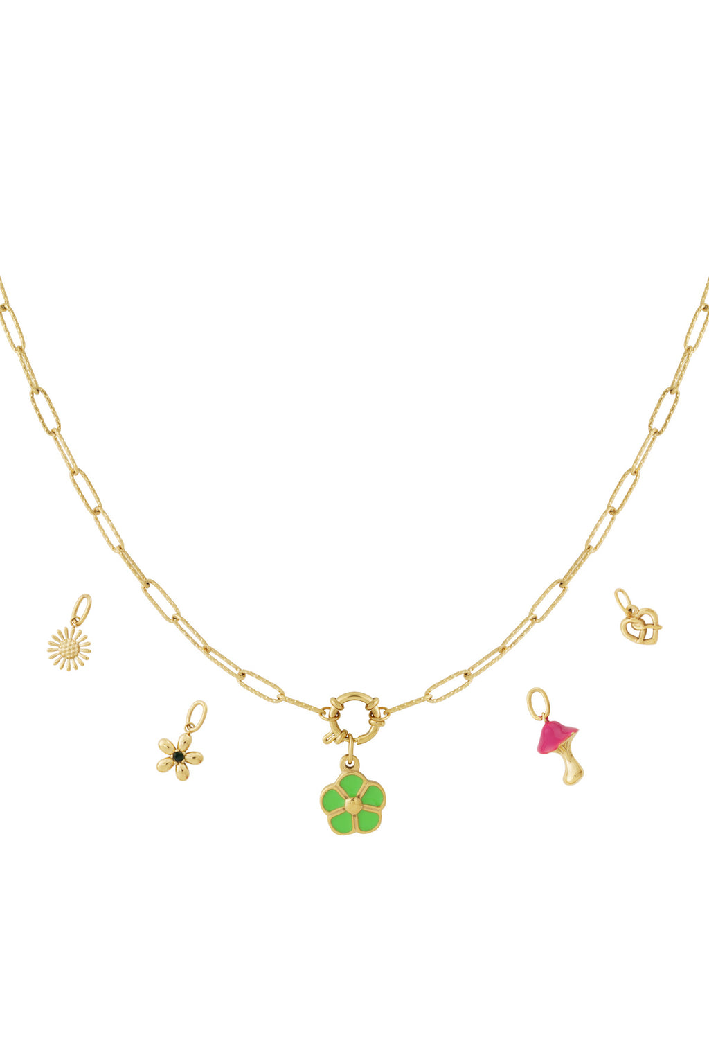 Gouden schakelketting met losse botanische charmes waaronder klavertje vier en bloemen