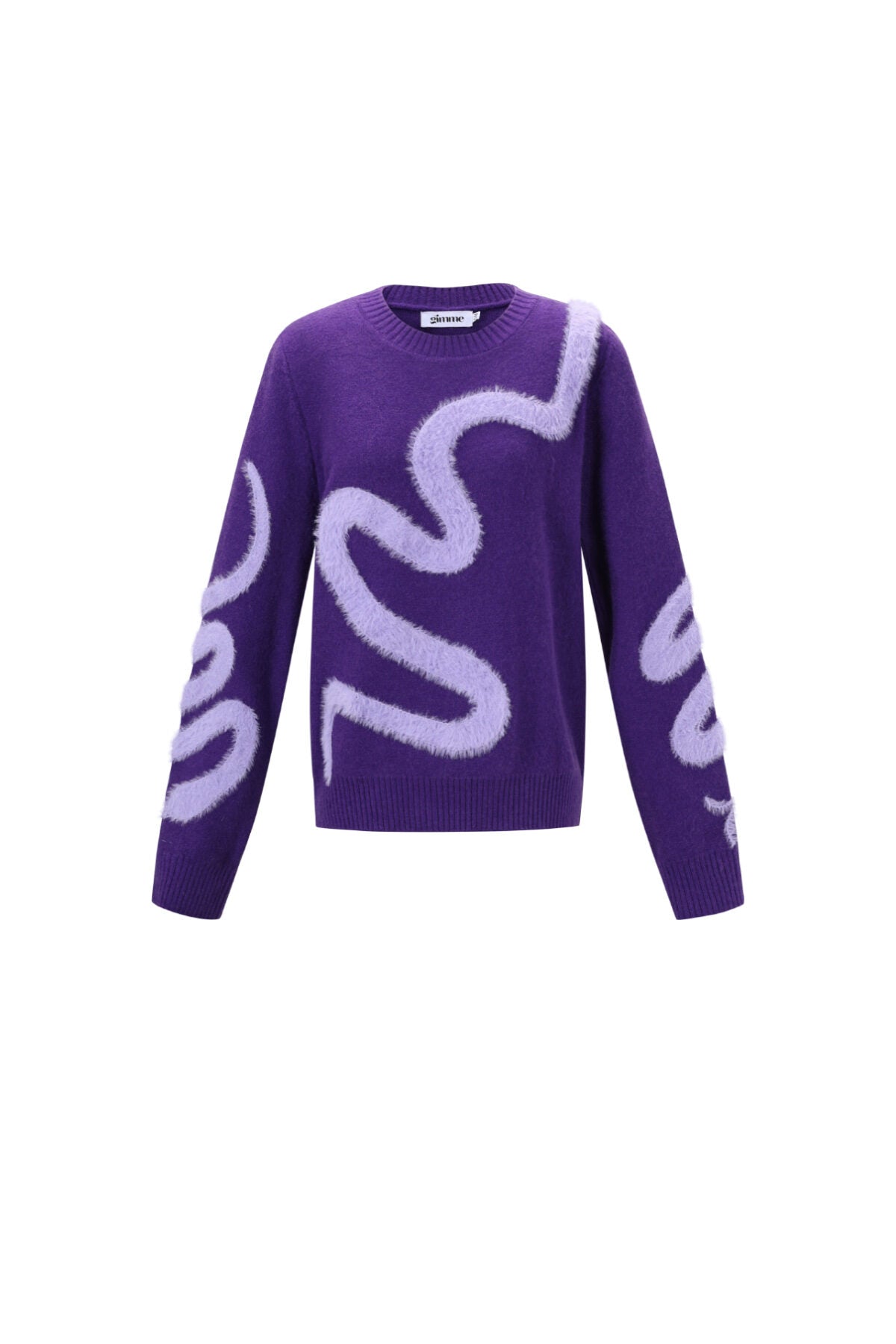 Paarse polyester sweater met wit golvend patroon en lange mouwen