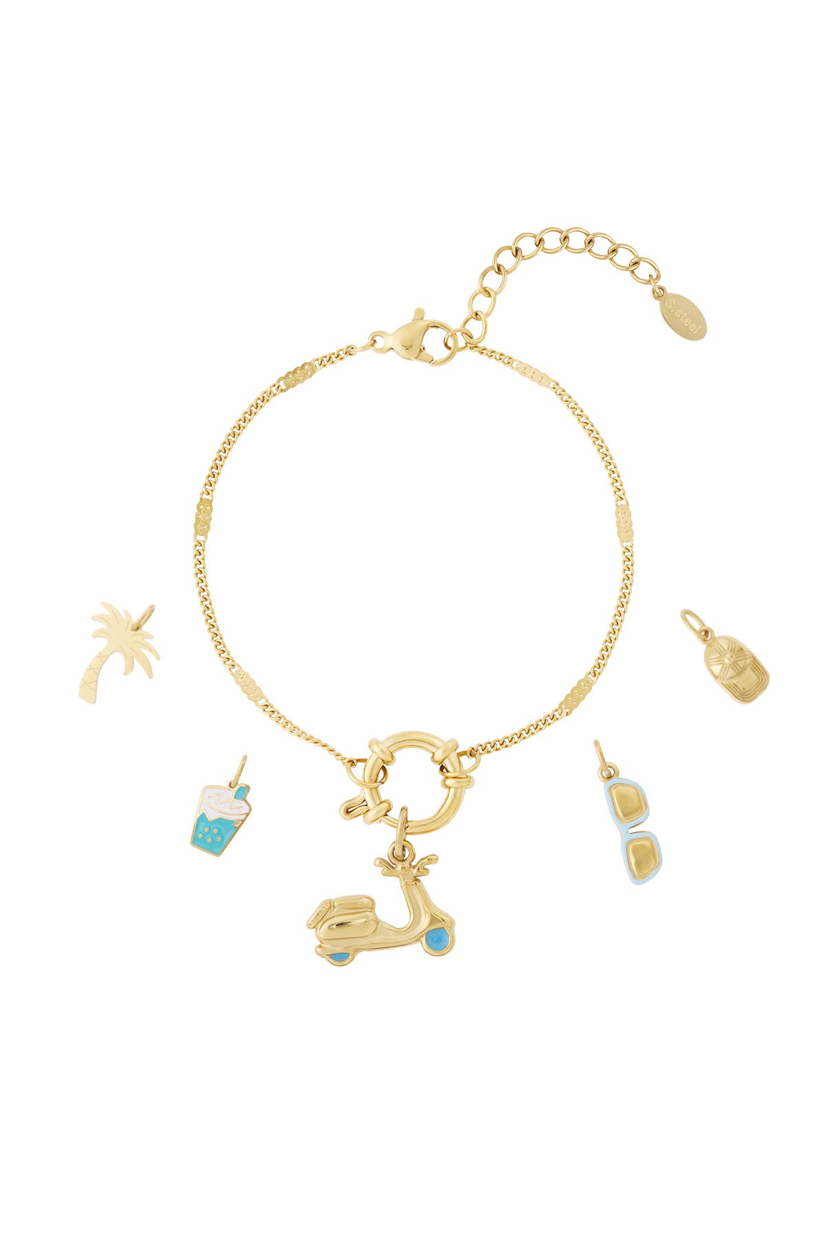 Gouden charm armband met scooter, palmboom, surfplank en ijsje hangers