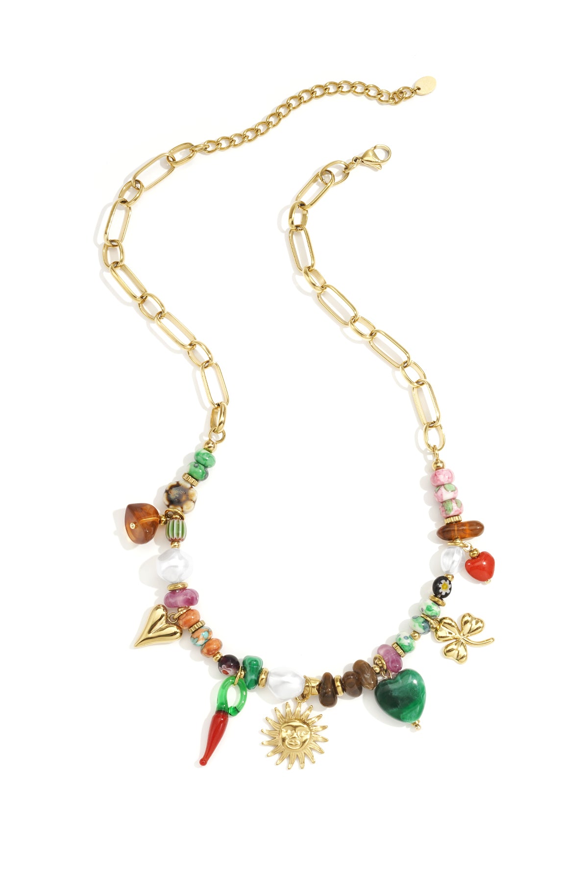 Gouden schakel ketting met hart en zon charmes plus kleurrijke natuursteen kralen
