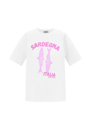Wit oversized katoen shirt met roze sardines print uit Italië