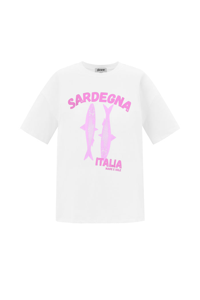 Wit oversized katoen shirt met roze sardines print uit Italië