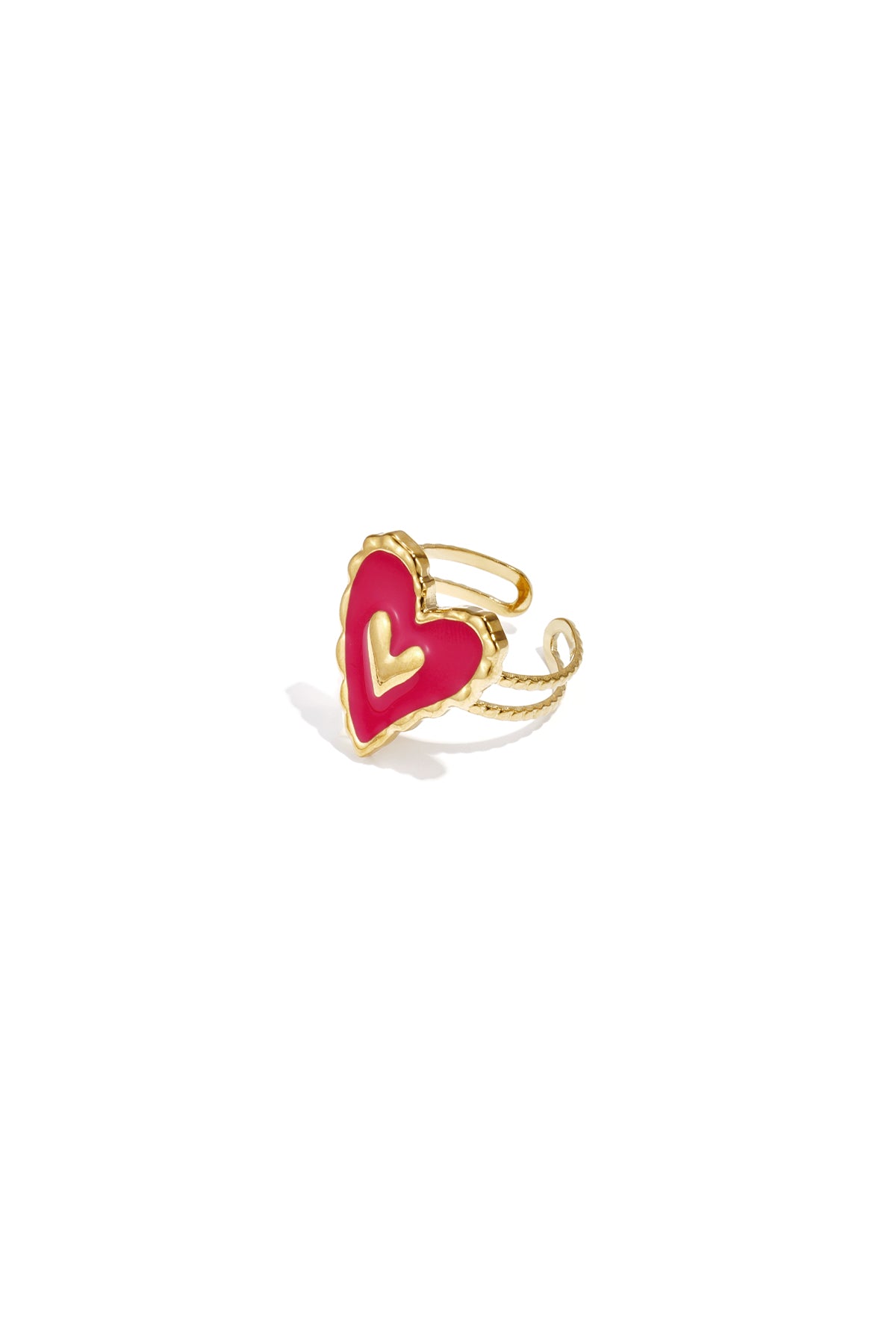 Gouden hart ring met roze emaille detail, verstelbare band