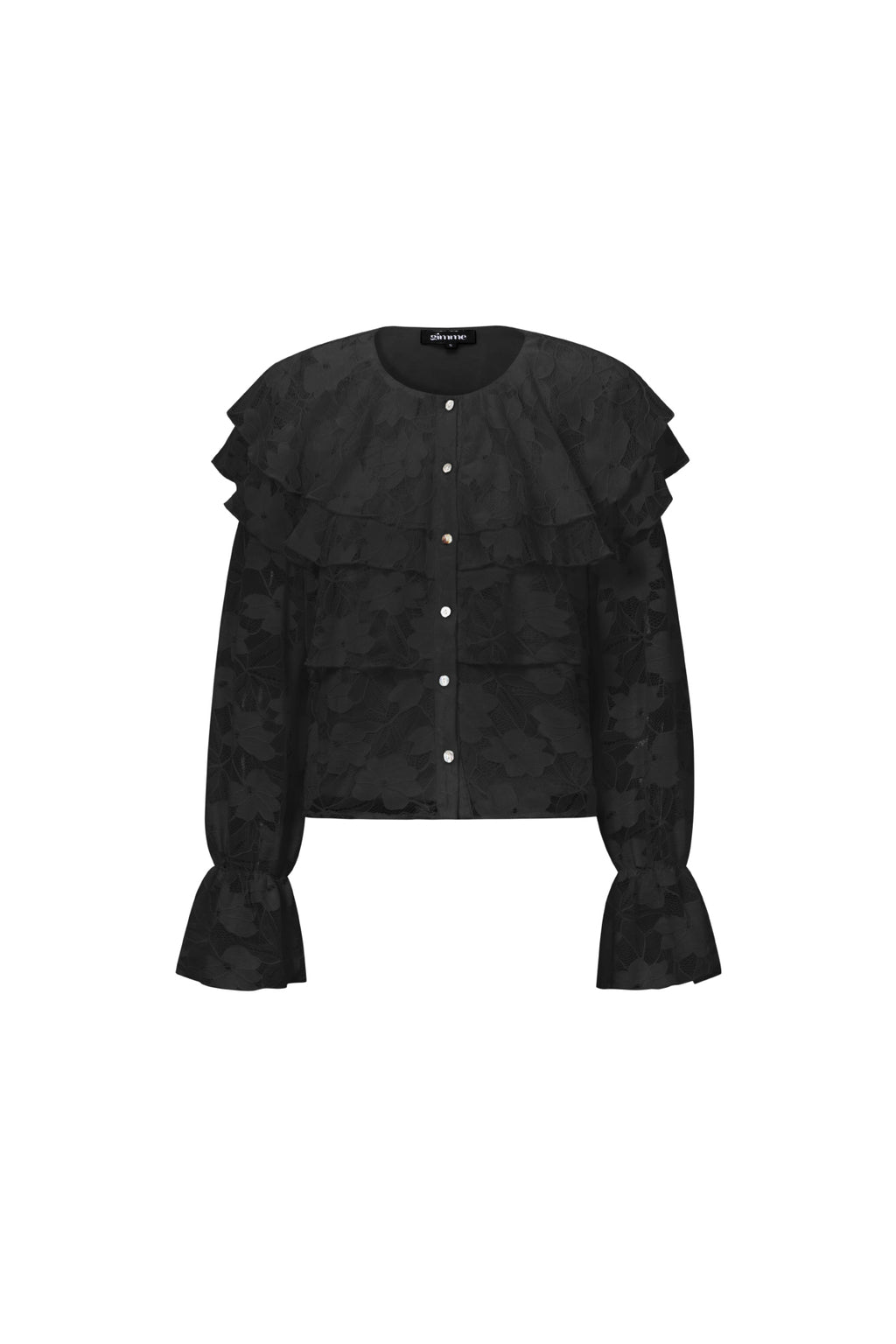 Zwarte polyester blouse met cascading ruffles en doorknoop sluiting