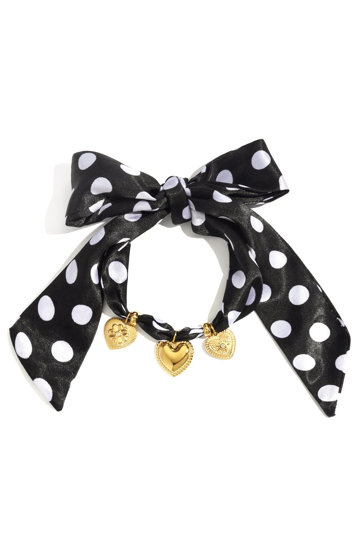 Zwarte armband met witte stippen en gouden hart charms