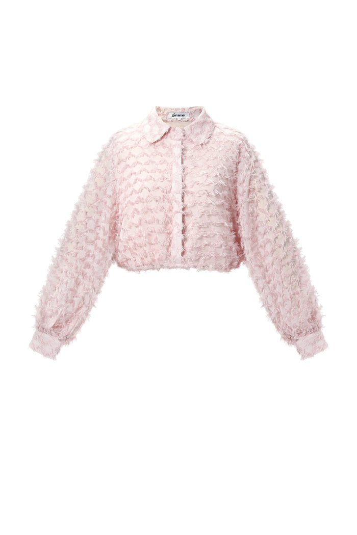 Roze korte blouse met puff textuur en knoopsluiting