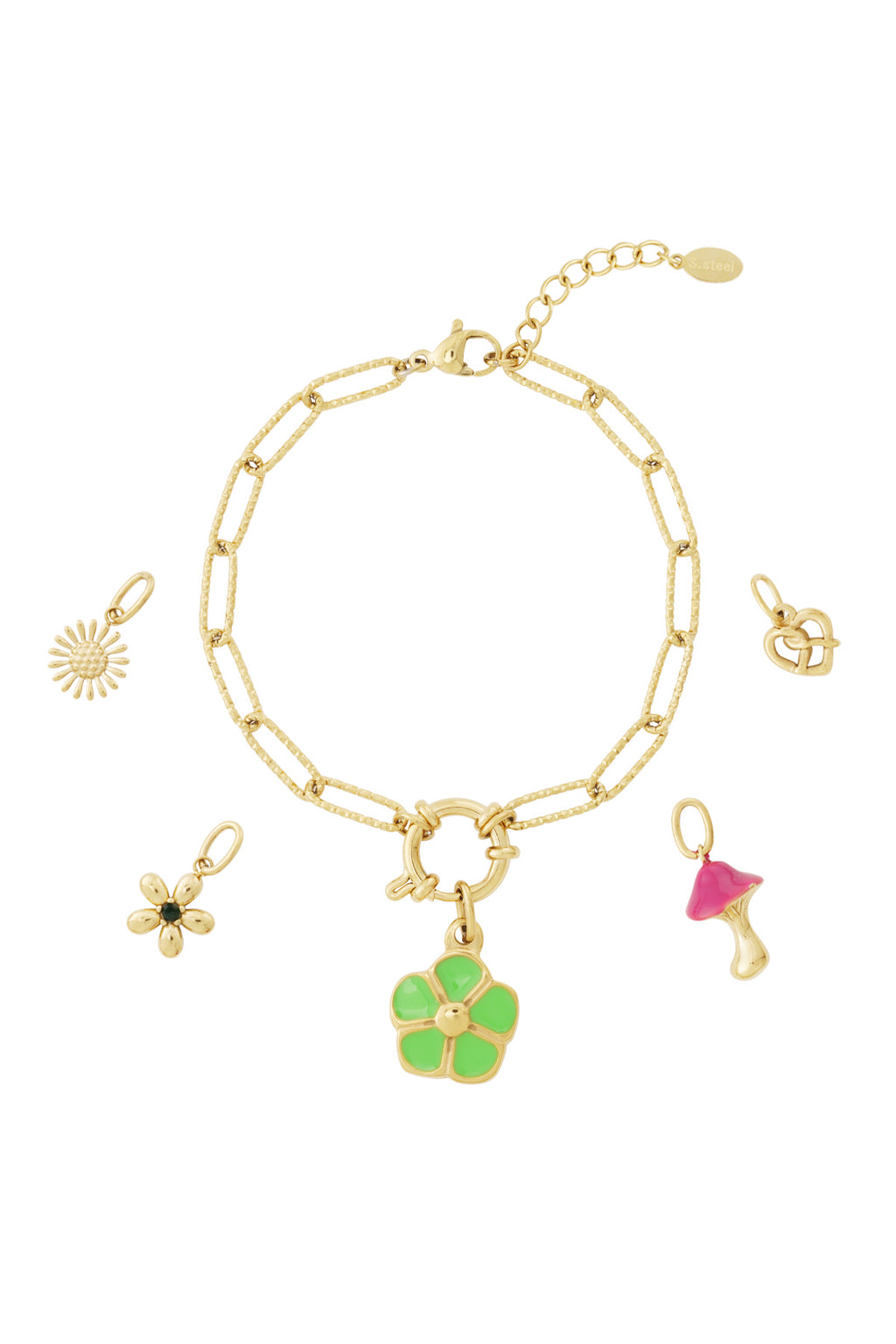 Goudkleurige schakel armband met klaver, bloem en andere charmes van emaille