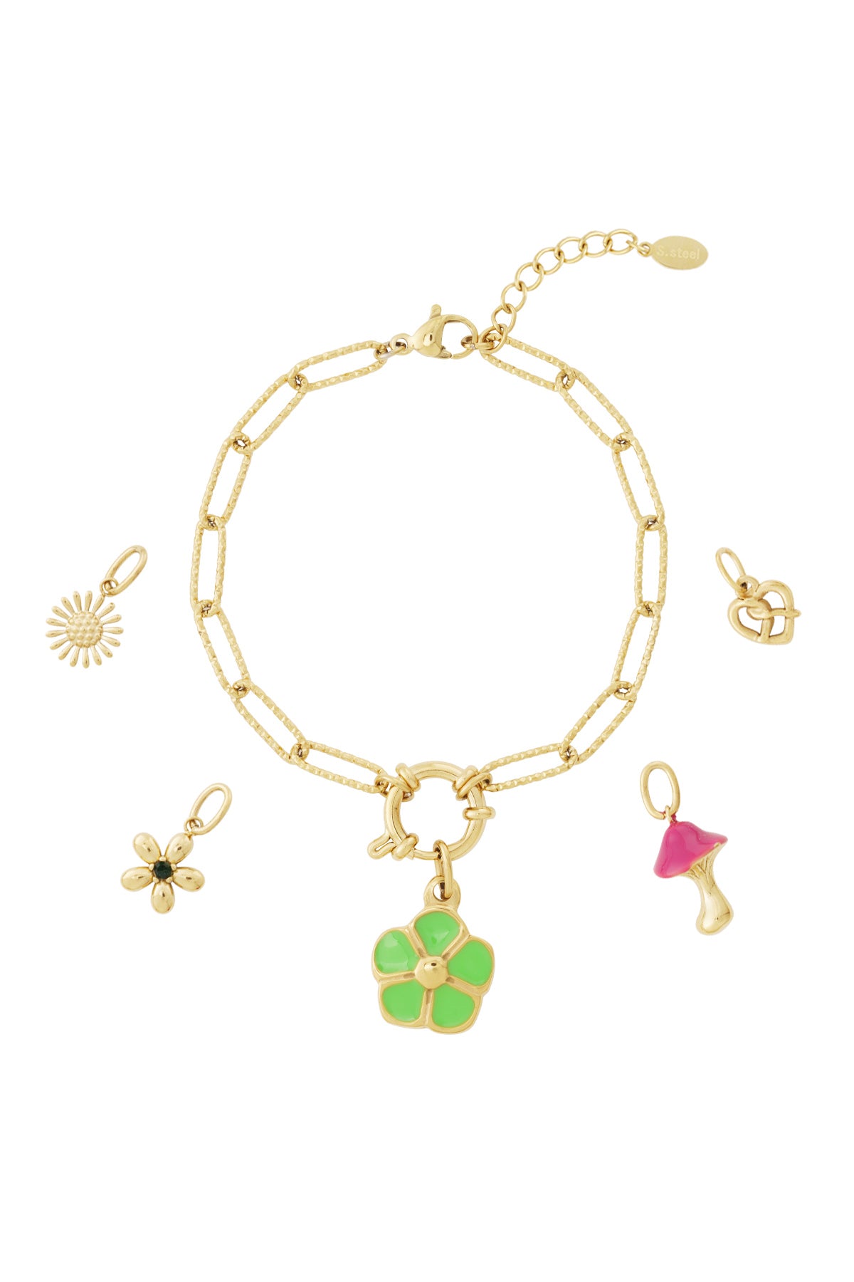 Goudkleurige schakel armband met klaver, bloem en andere charmes van emaille