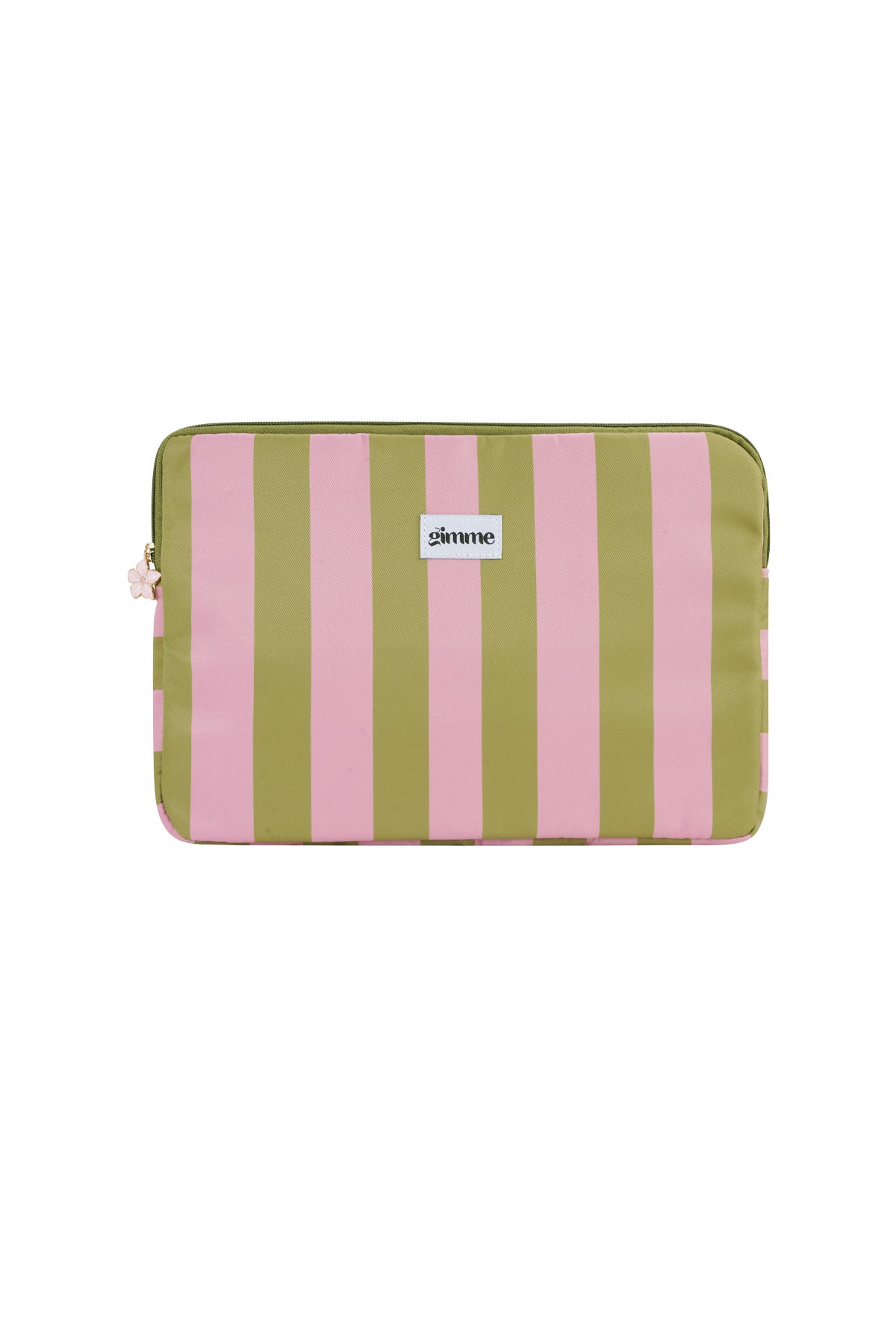 Gestreepte laptop hoes in olijfgroen en roze polyester met rits