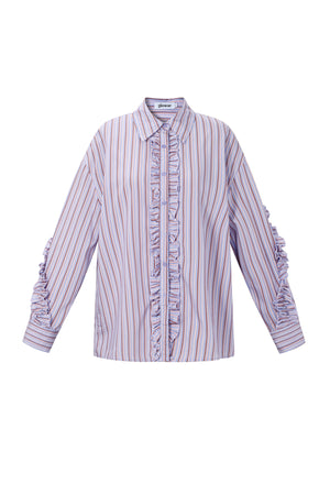 Paarse gestreepte blouse met ruffle details langs de knoopsluiting