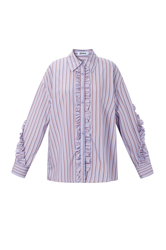 Paarse gestreepte blouse met ruffle details langs de knoopsluiting
