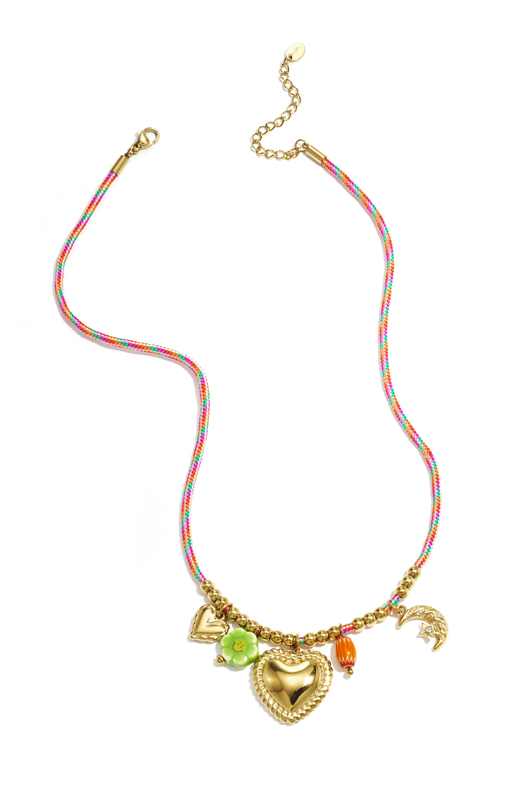 Multicolor touw ketting met goudkleurige hart, bloem en kristal charmes