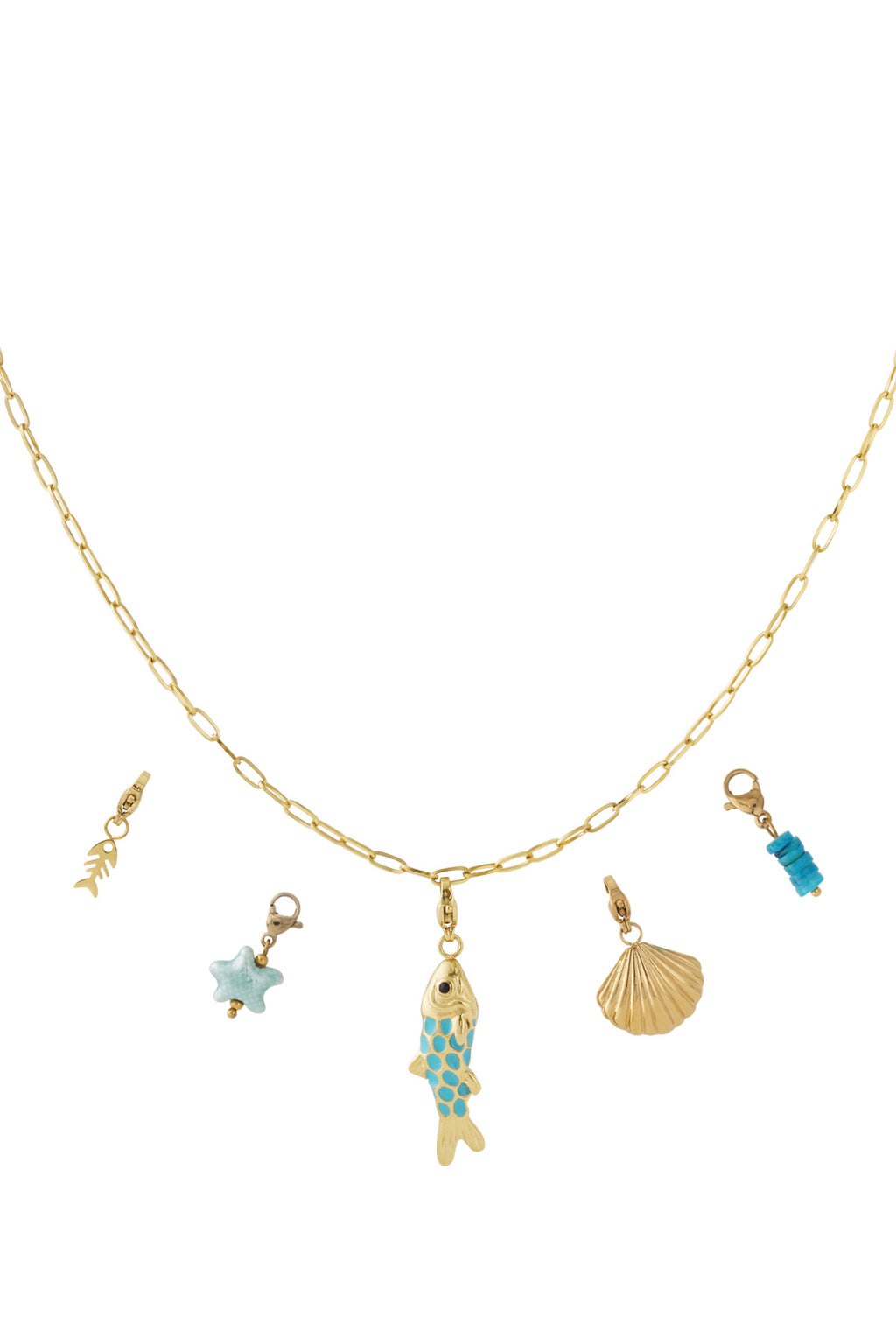 Goudkleurige schakelketting met vis, schelp en zee-gerelateerde charms