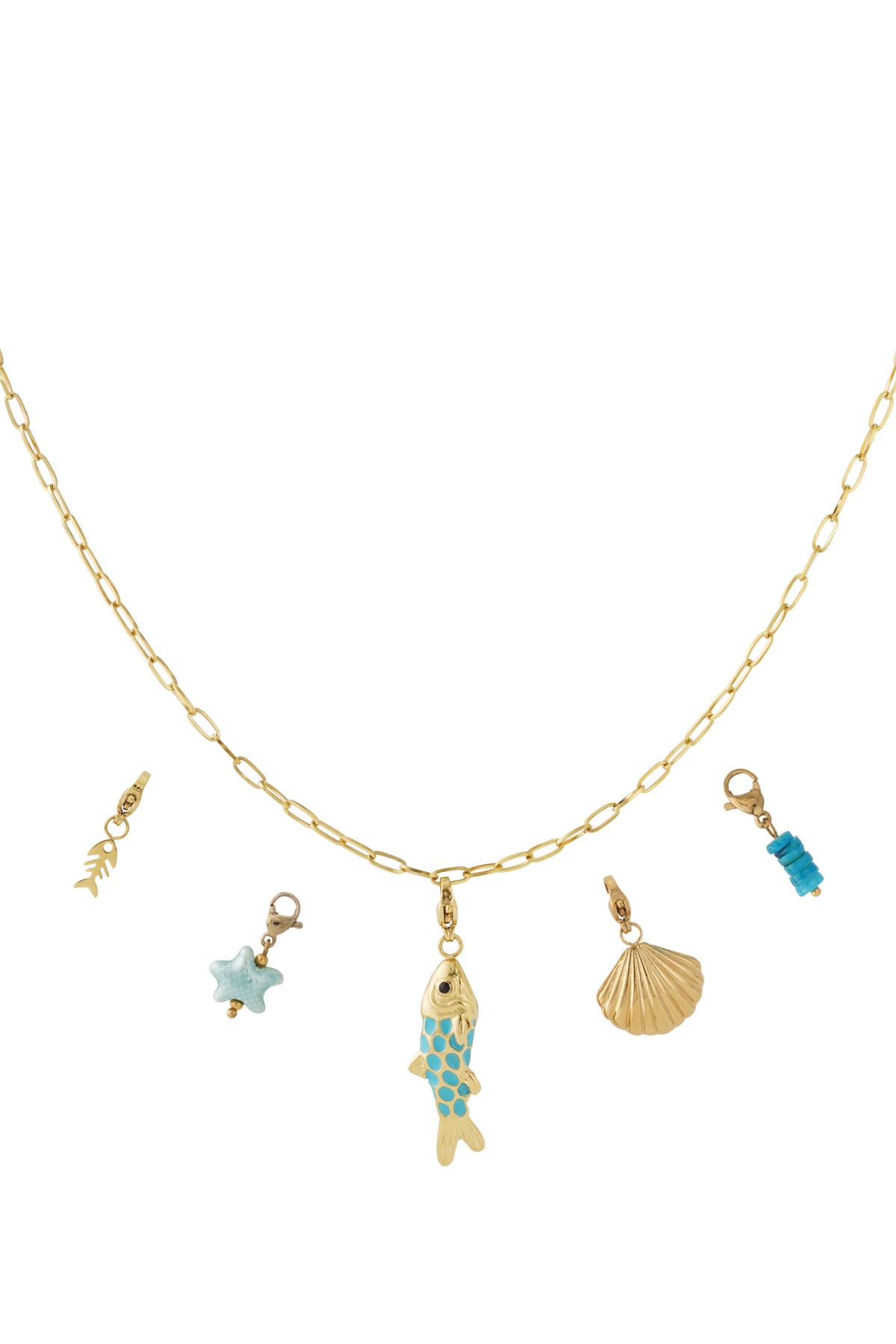 Goudkleurige schakelketting met vis, schelp en zee-gerelateerde charms