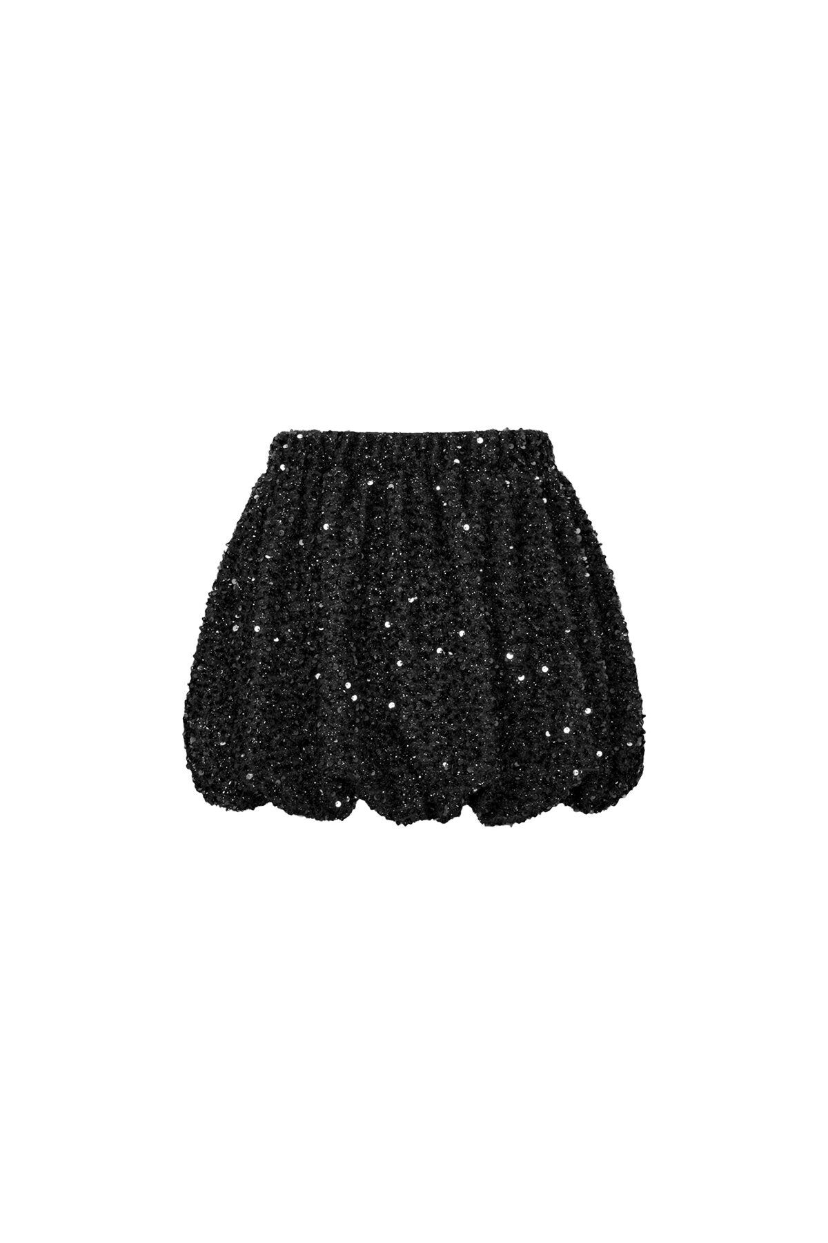 Zwarte mini rok met glinsterende pailletten en geschulpte onderkant