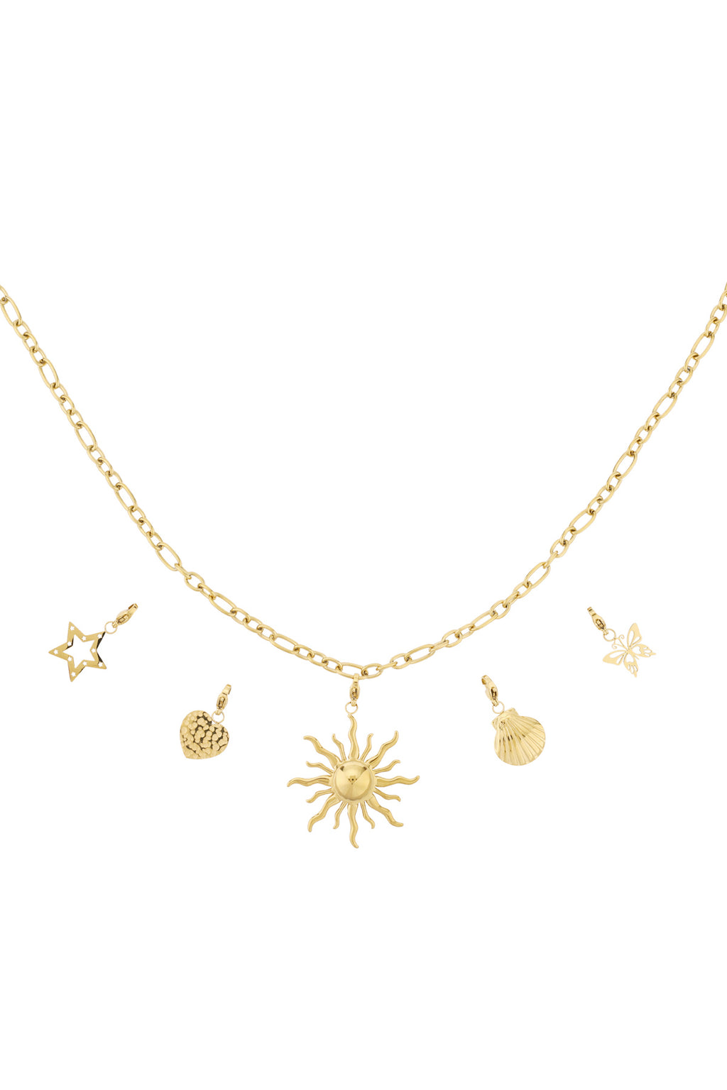 Gouden charm ketting met zon schelp hart en ster hangers