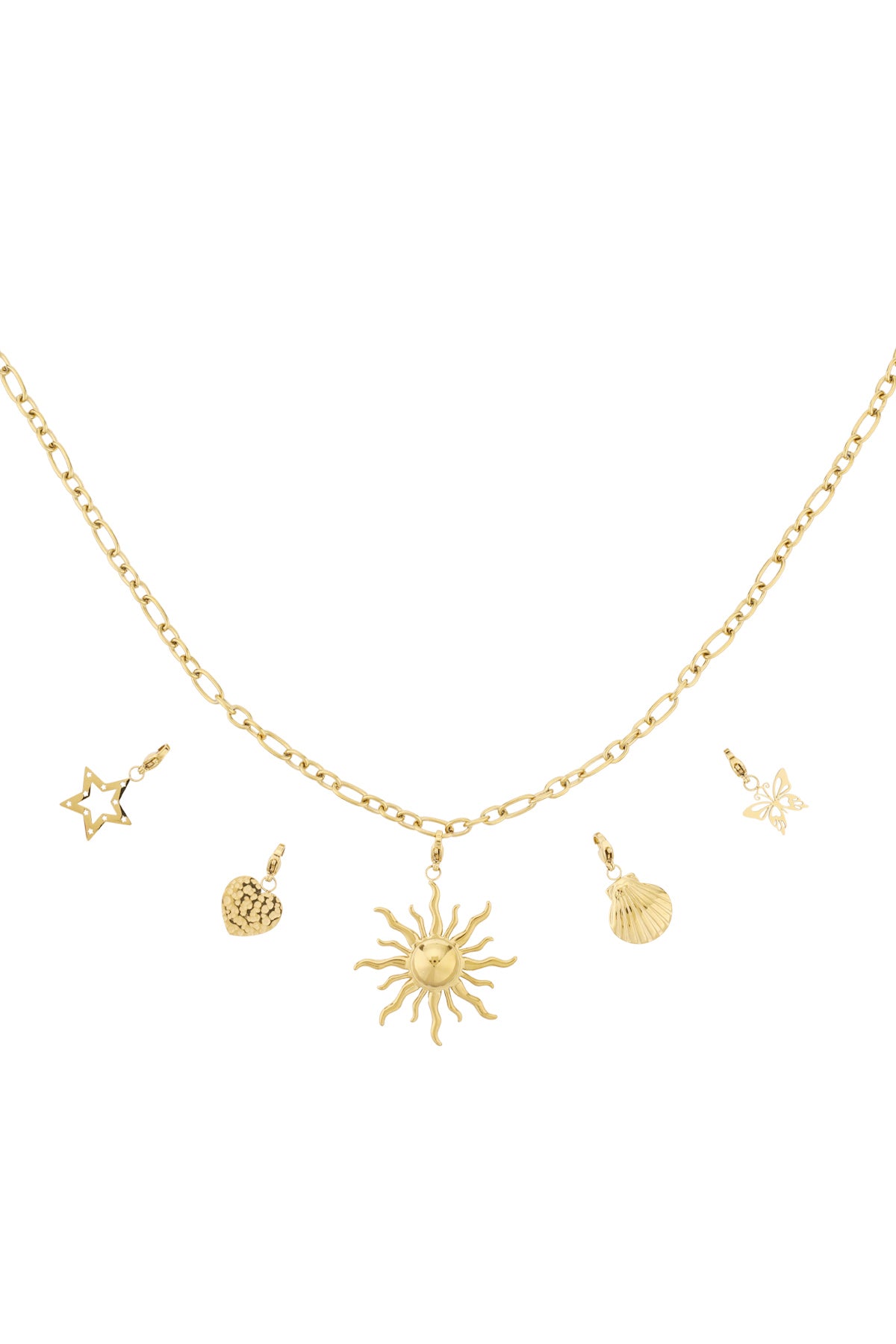 Gouden charm ketting met zon schelp hart en ster hangers