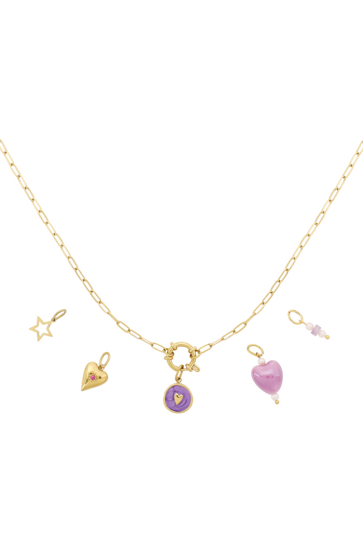 Goudkleurige DIY ketting met paarse hart charmes en gouden ster hangers