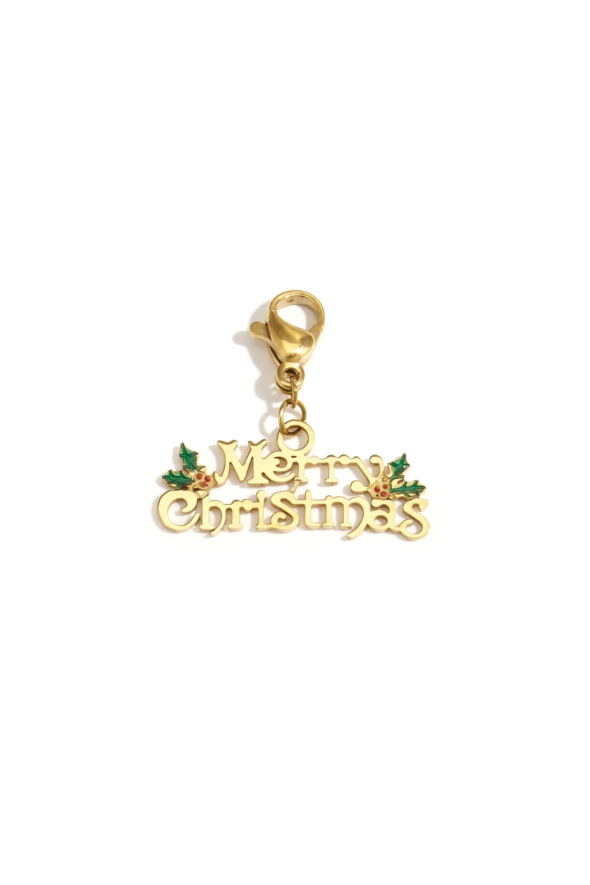 Gouden Merry Christmas tekst charm met groene emaille accenten en karabijnhaak