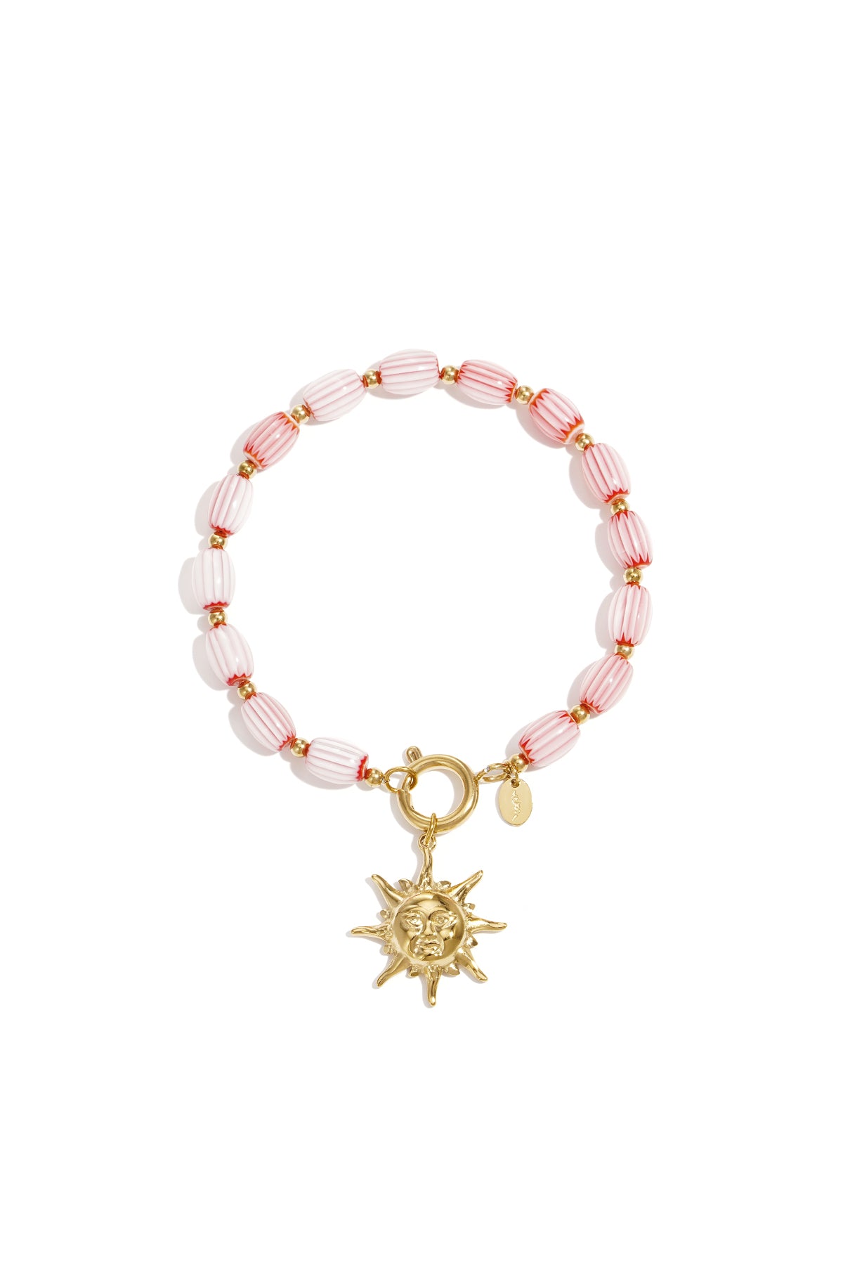 Armband met roze transparante kralen en goudkleurige zon charm met stralen