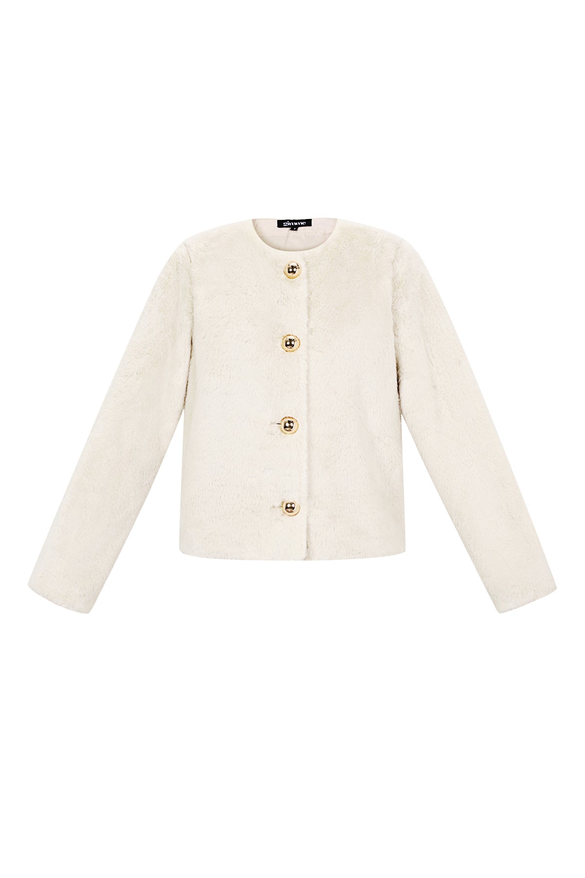 Beige polyester jacket met vier goudkleurige knopen en ronde halslijn