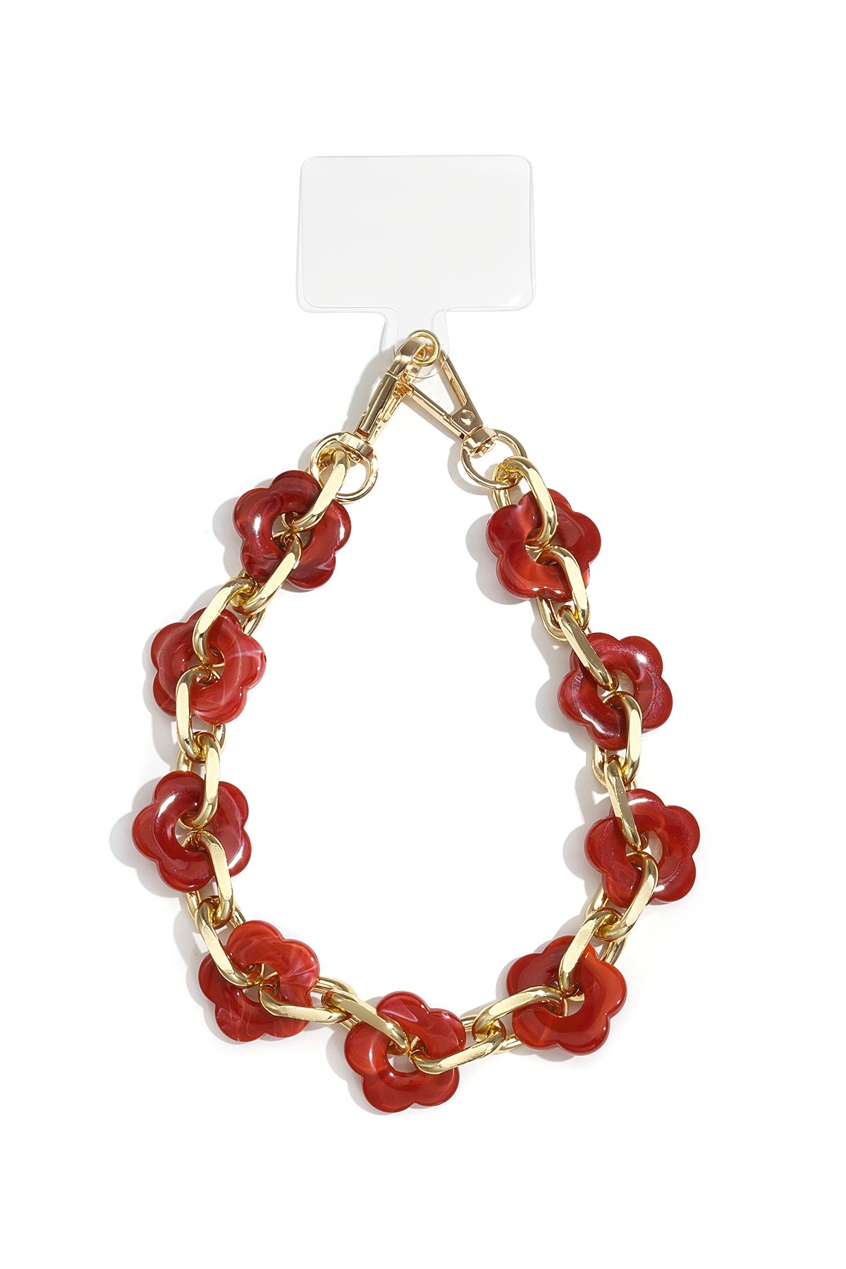 Rode telefoonketting met kleine acryl bloemen en goudkleurige schakels