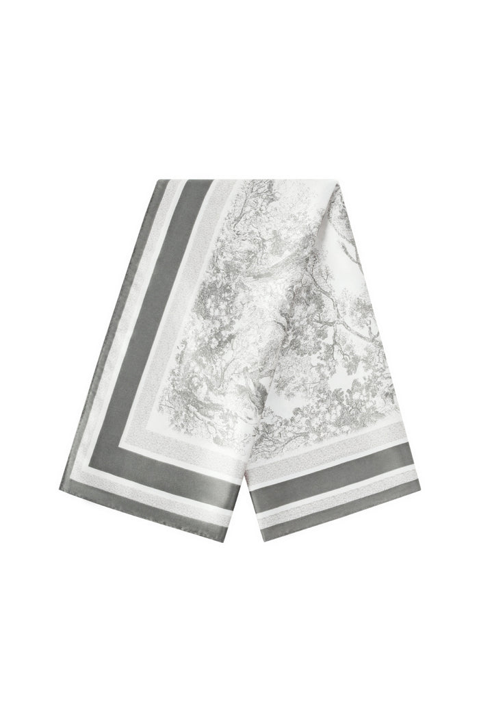 Grijze polyester sjaal met wit barok bloemenpatroon