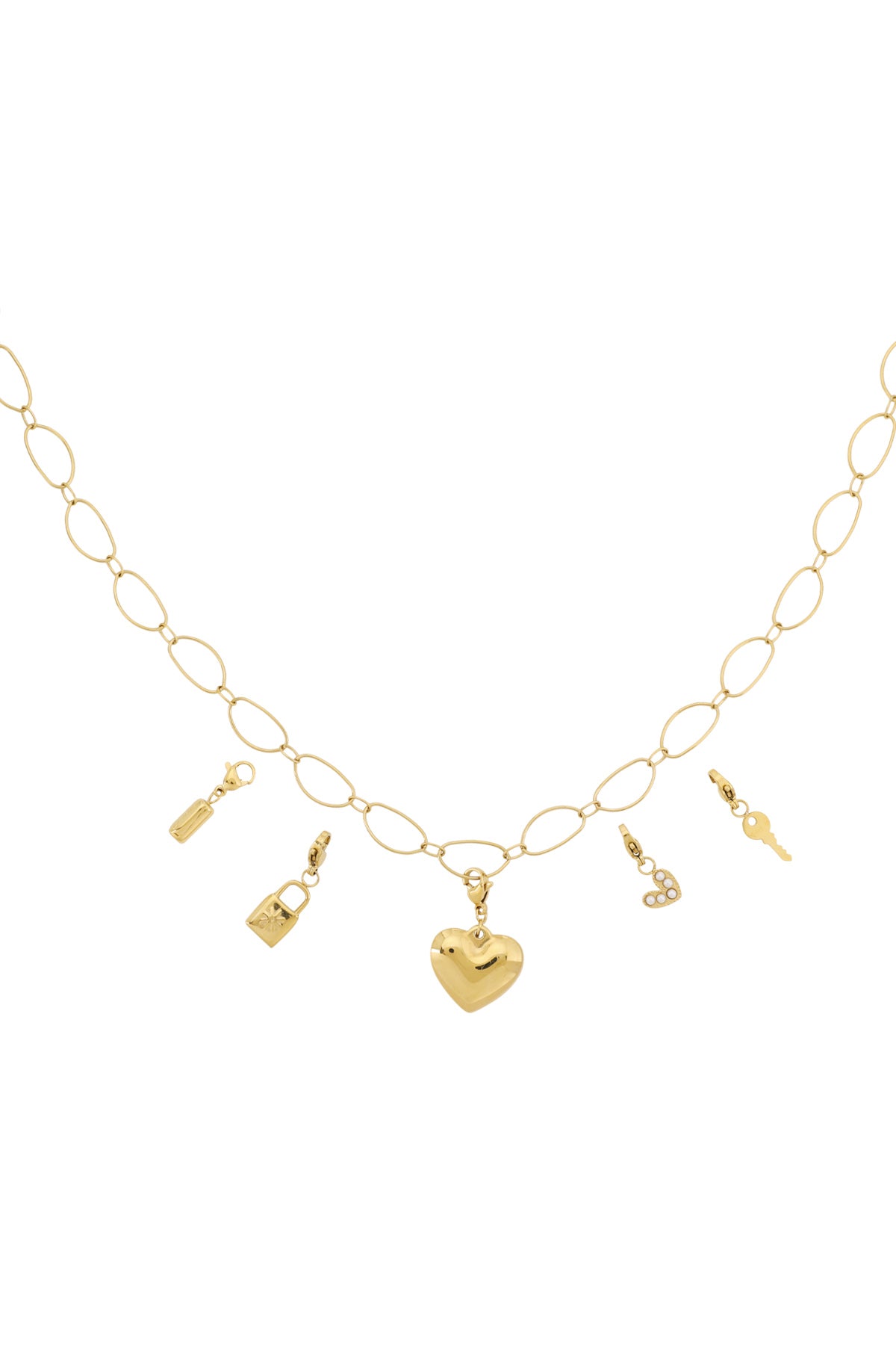 Goudkleurige DIY ketting met groot hart charm en kleinere gouden hangers