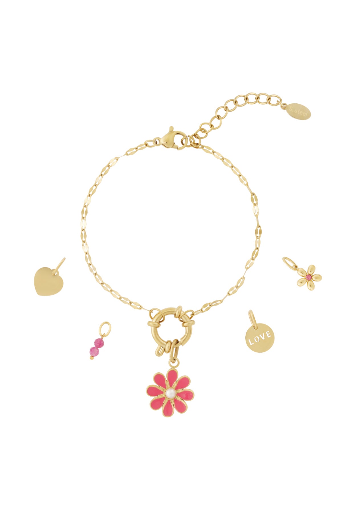 Gouden charm armband set met roze bloem hanger en verschillende verwisselbare charmes