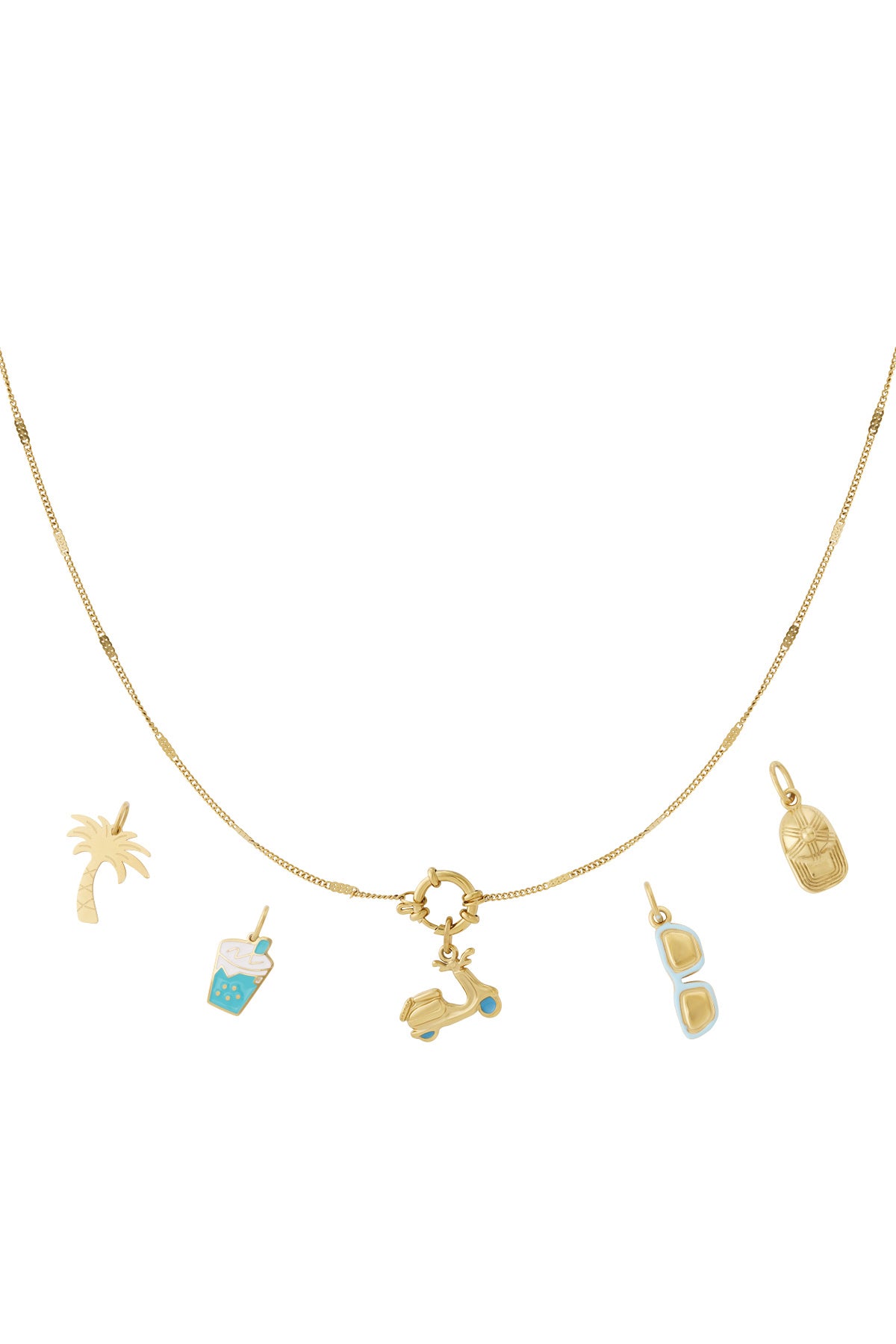 Gouden ketting met scooter, surfplank, palmboom en ijsje charmes van emaille
