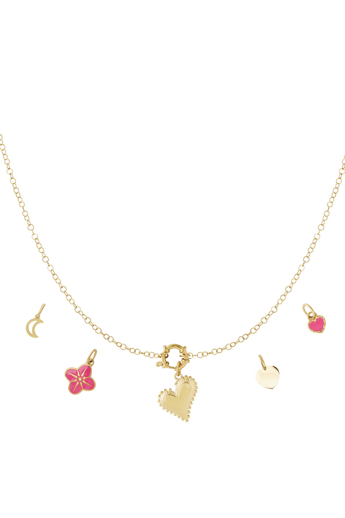 Goudkleurige DIY ketting met roze bloesem charmes en verschillende hart hangers