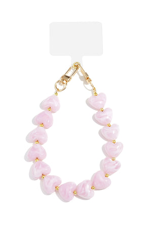 Roze acryl telefoonketting met bloemblaadjes en gouden details