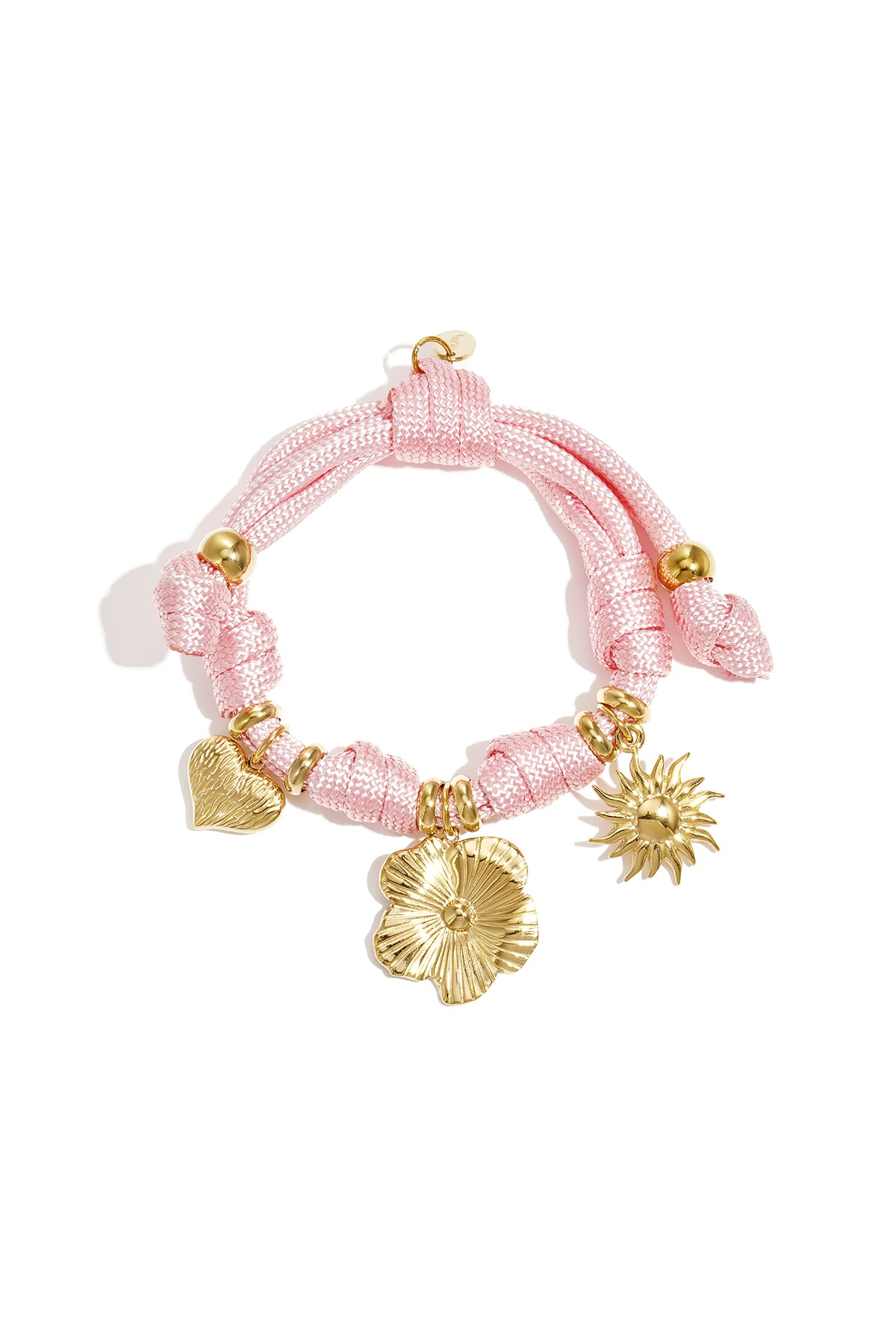 Roze touw armband met gouden bloem charmes en hart hanger