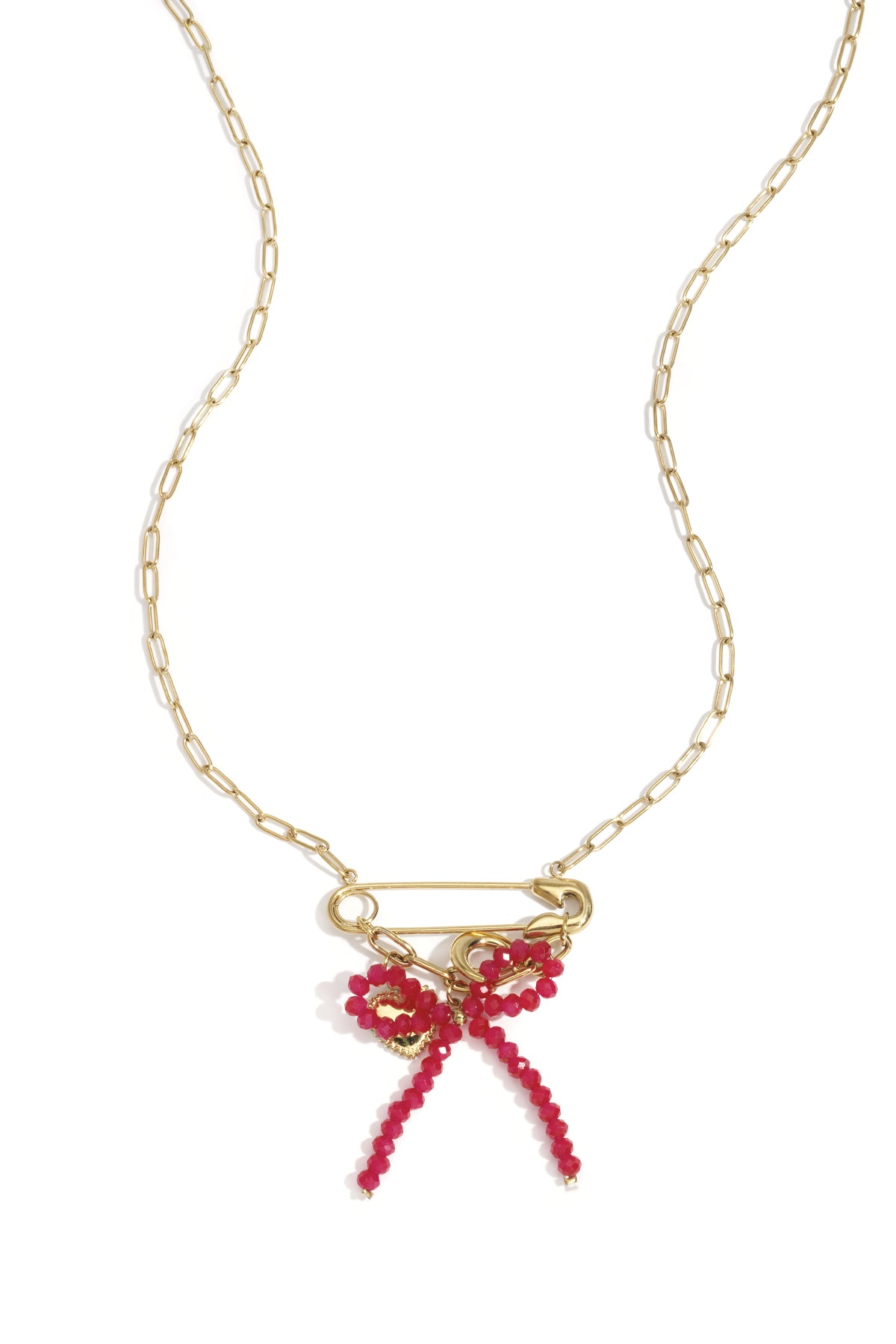Gouden ketting met strik hanger en roze lint detail