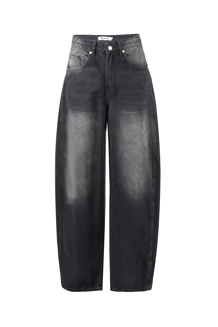 Donkergrijze balloon jeans van denim met stonewashed effect en hoge taille