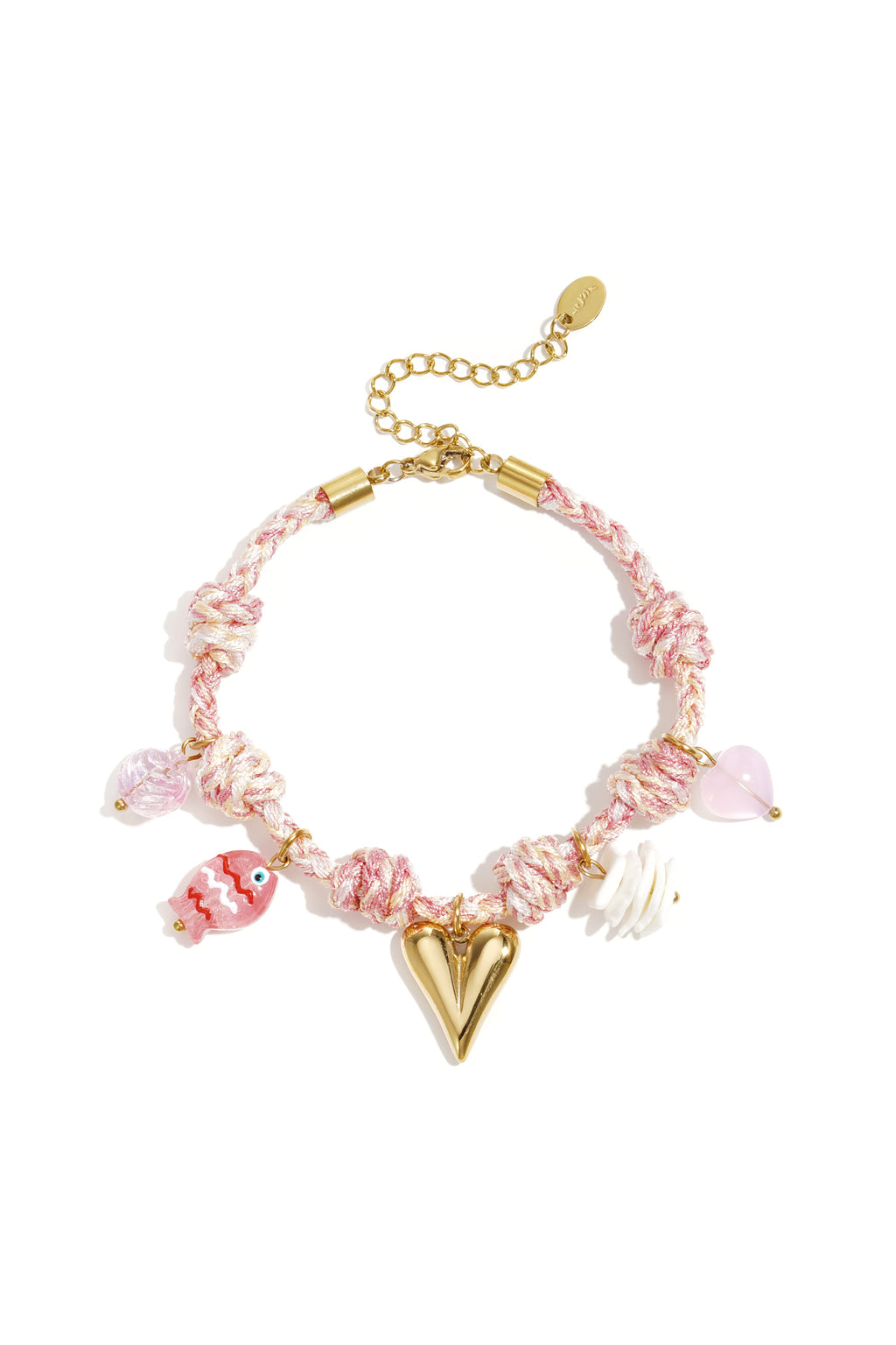 Roze gevlochten touw armband met goudkleurig hart charm en kleurrijke accenten