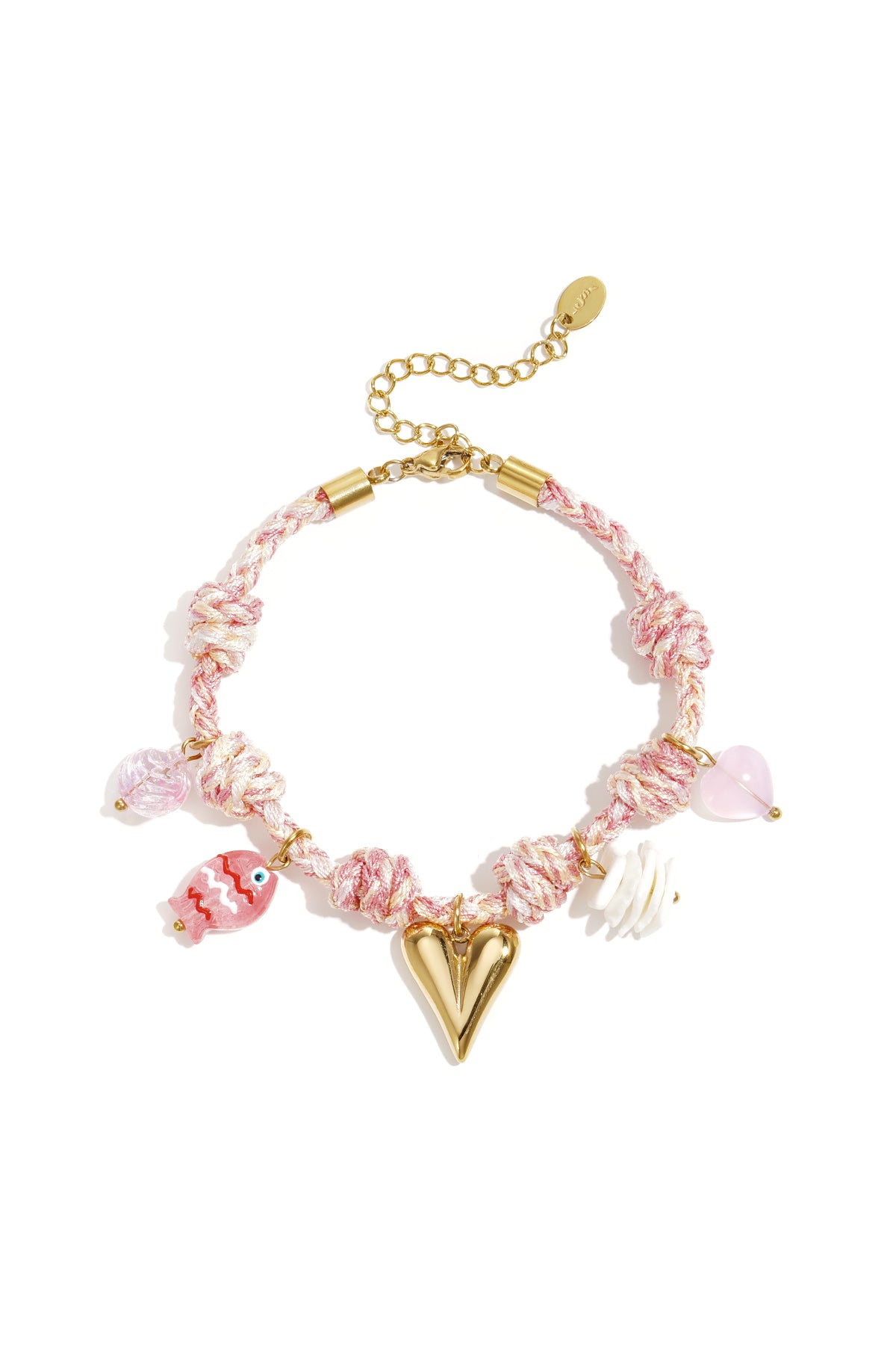 Roze gevlochten touw armband met goudkleurig hart charm en kleurrijke accenten